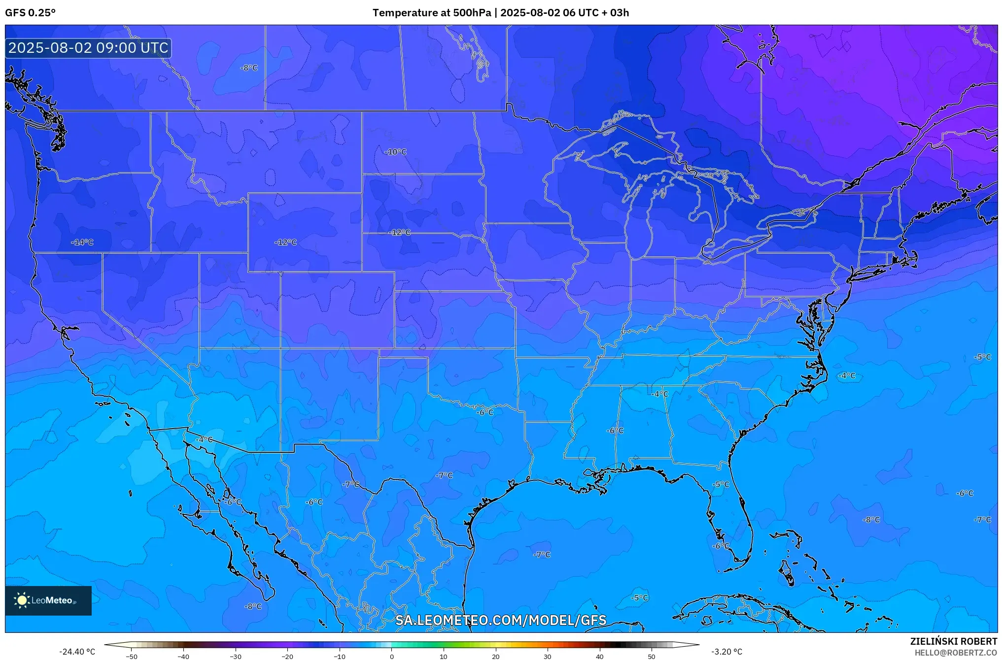 GFS model - Amerika Syarikat, Suhu 500 hPa GFS model - Amerika Syarikat, Suhu 500 hPa
