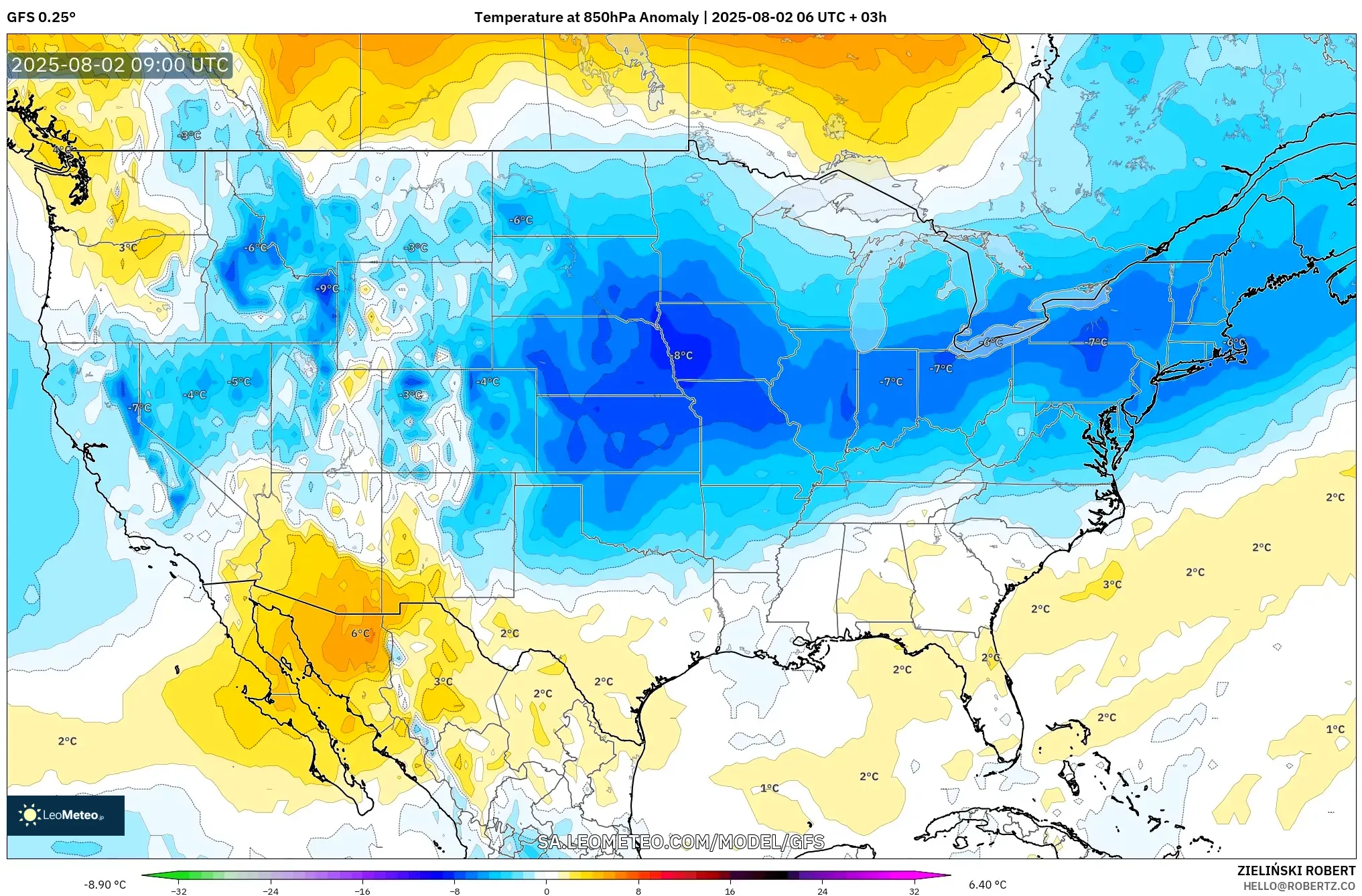 GFS model - Amerika Serikat, Anomali Suhu 850 hPa