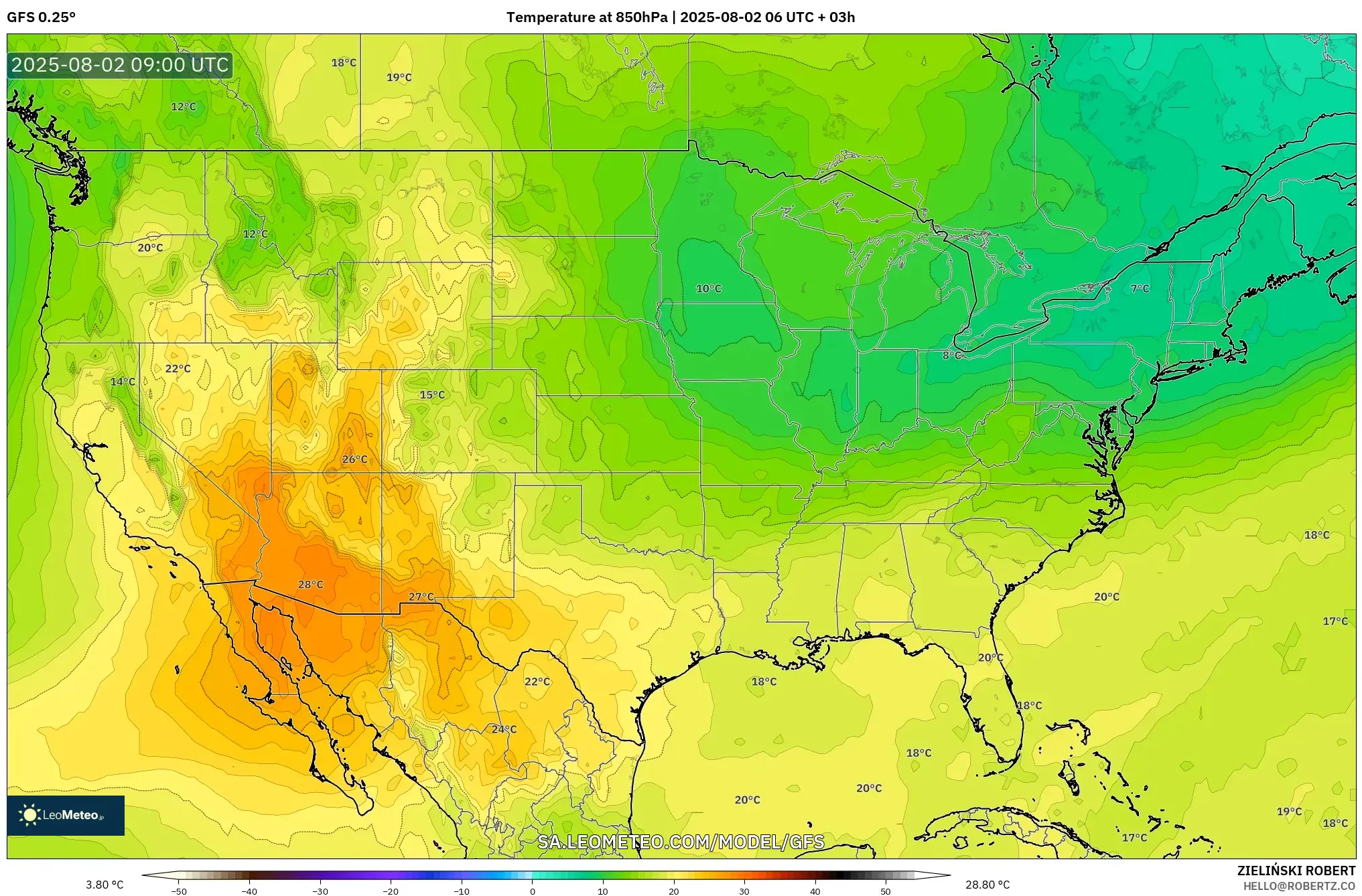 GFS model - Amerika Serikat, Suhu 850 hPa GFS model - Amerika Serikat, Suhu 850 hPa