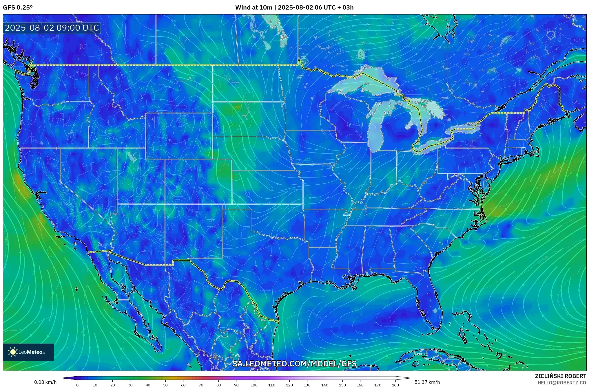 GFS model - Amerika Serikat, Angin 10 m GFS model - Amerika Serikat, Angin 10 m