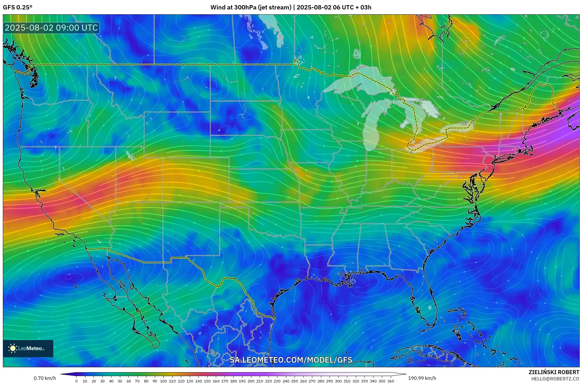 GFS model - United States, Wind at 300hPa (jet stream) GFS model - United States, Wind at 300hPa (jet stream)