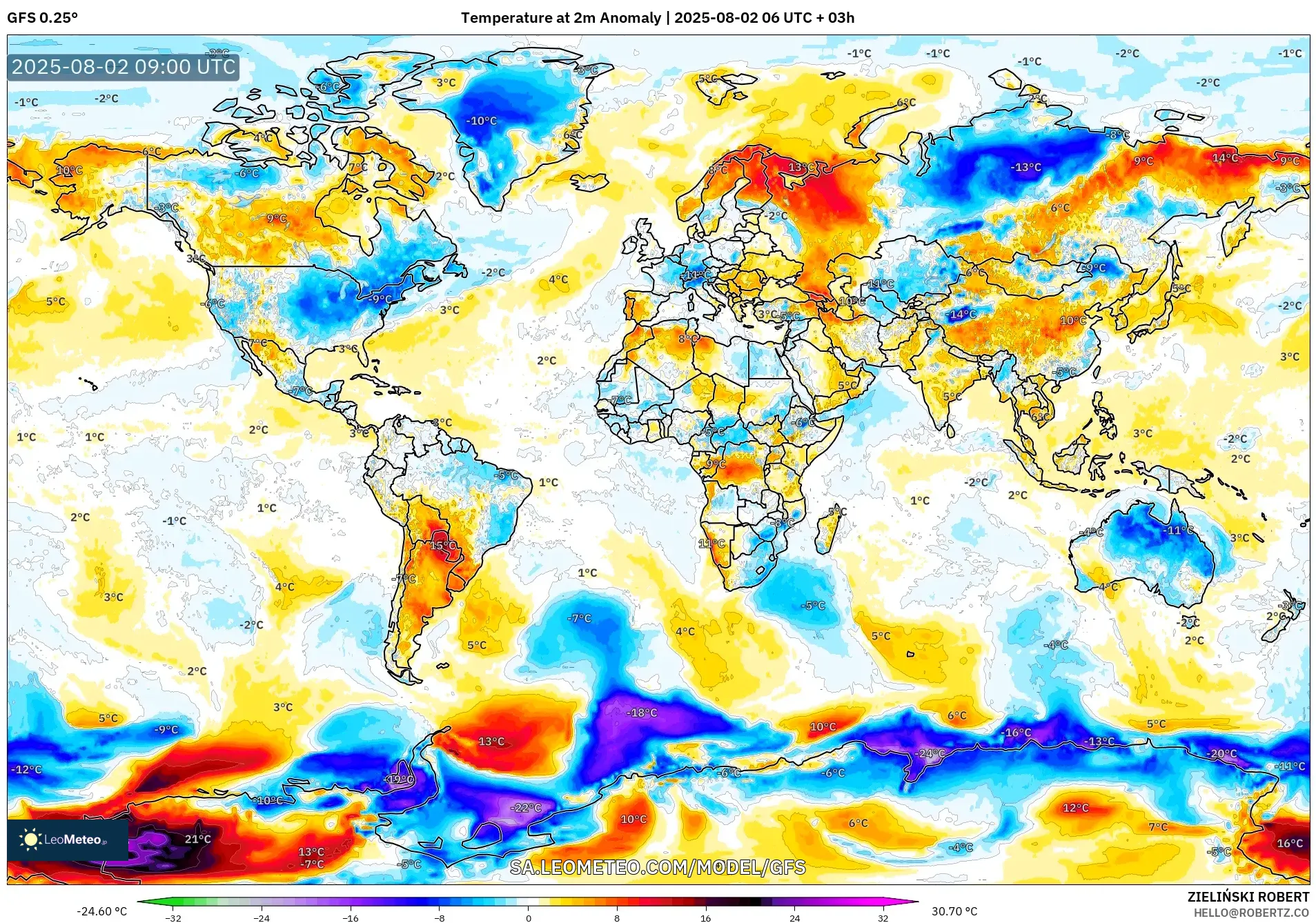GFS model - Dunia, Anomali Suhu 2 m GFS model - Dunia, Anomali Suhu 2 m