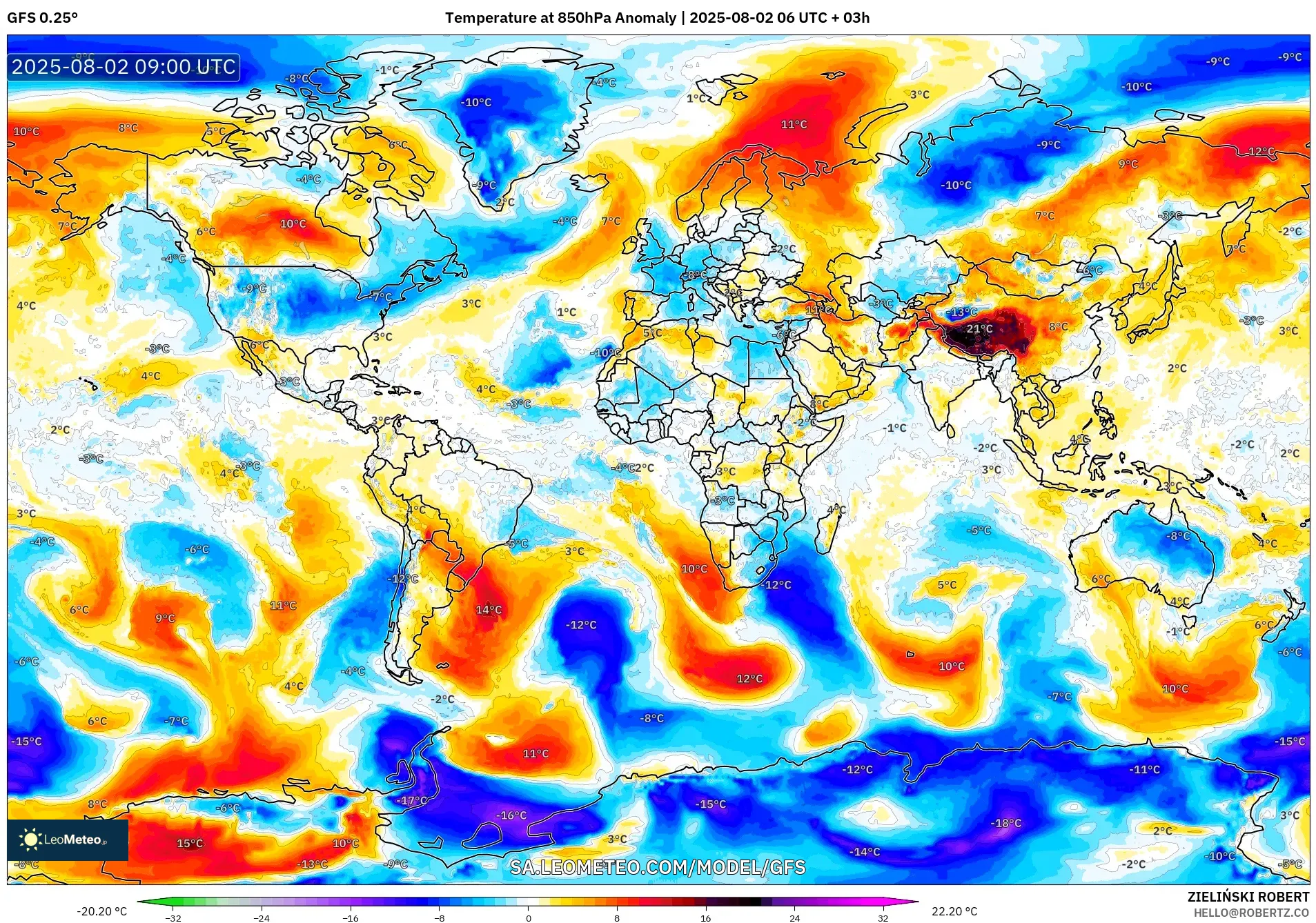 GFS model - Dunia, Anomali Suhu 850 hPa GFS model - Dunia, Anomali Suhu 850 hPa