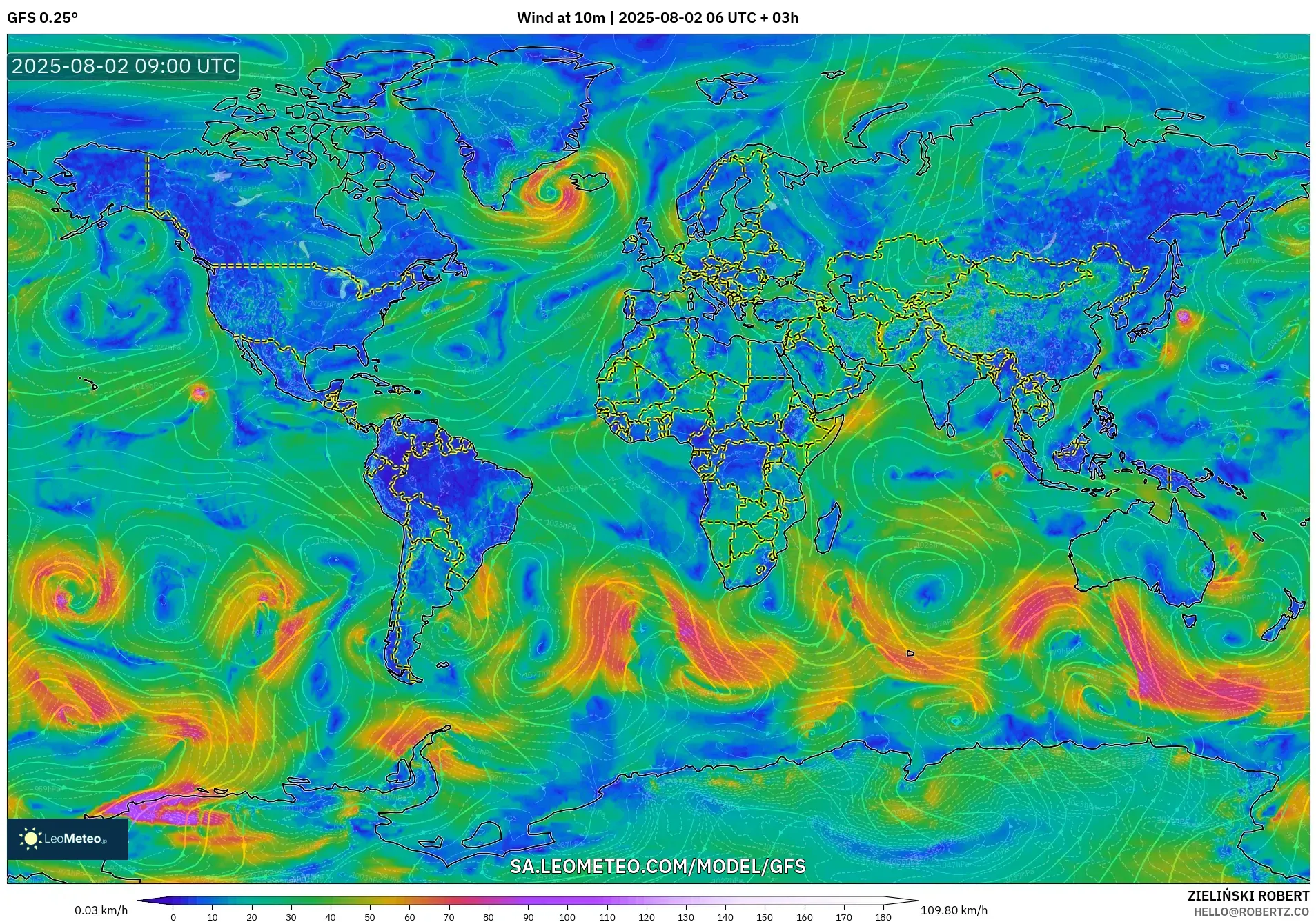 GFS model - Dunia, Angin 10 m