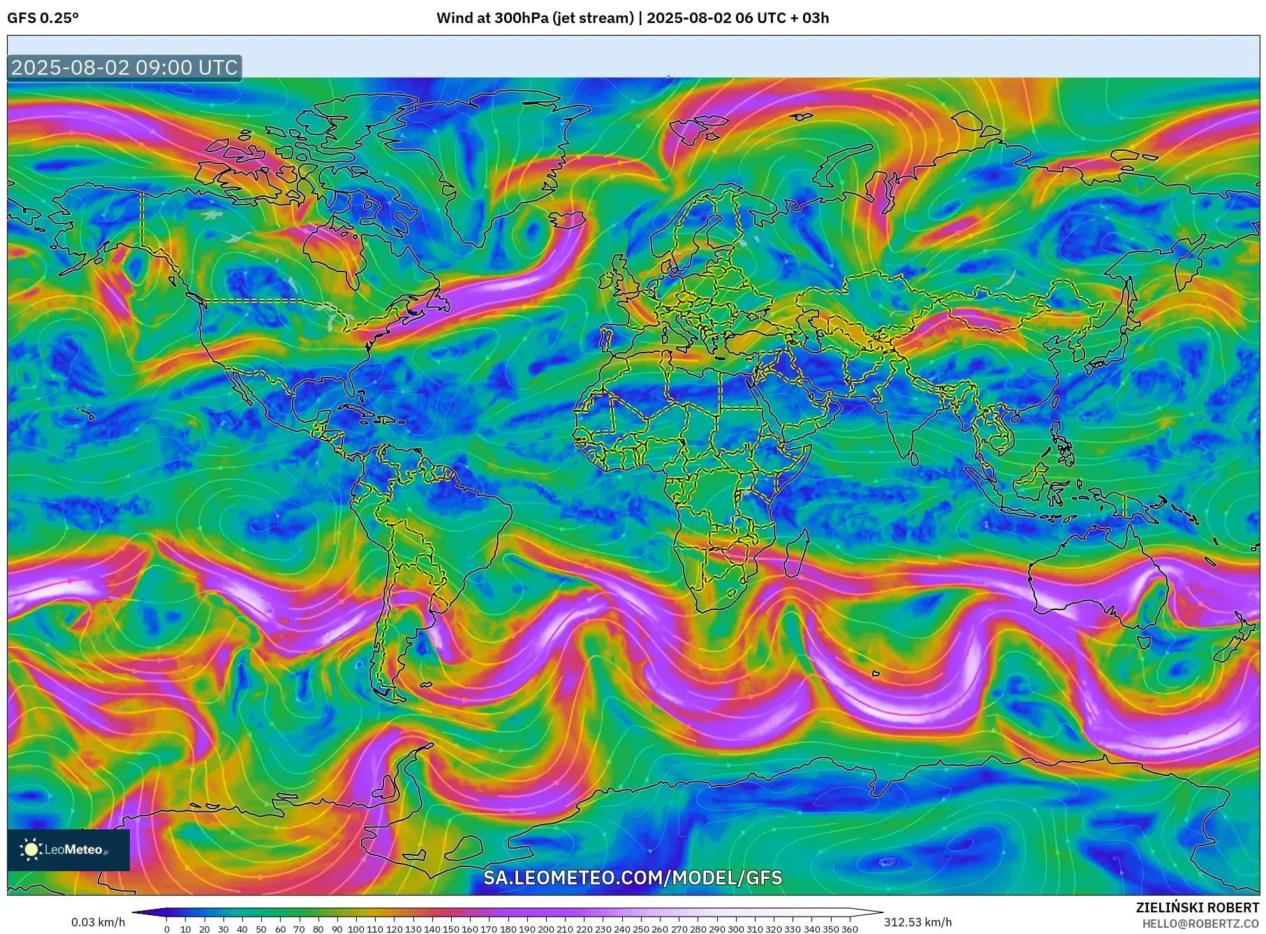 GFS model - Dunia, Angin 300 hPa (aliran jet)