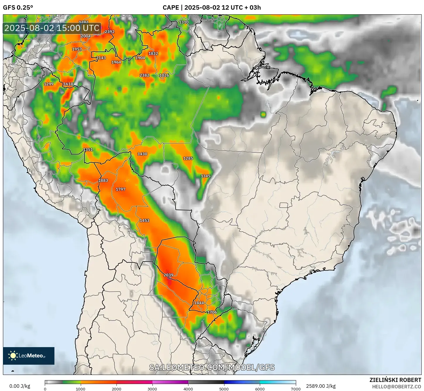 GFS model - Brasil, CAPE GFS model - Brasil, CAPE