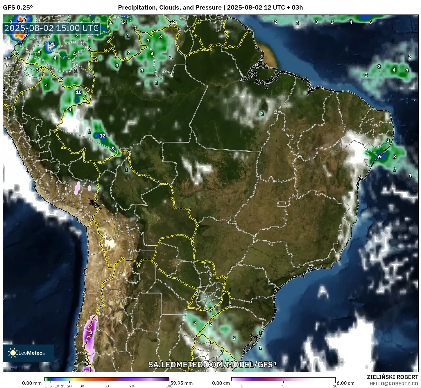 GFS model - Brasil, Curah Hujan, Awan, dan Tekanan GFS model - Brasil, Curah Hujan, Awan, dan Tekanan