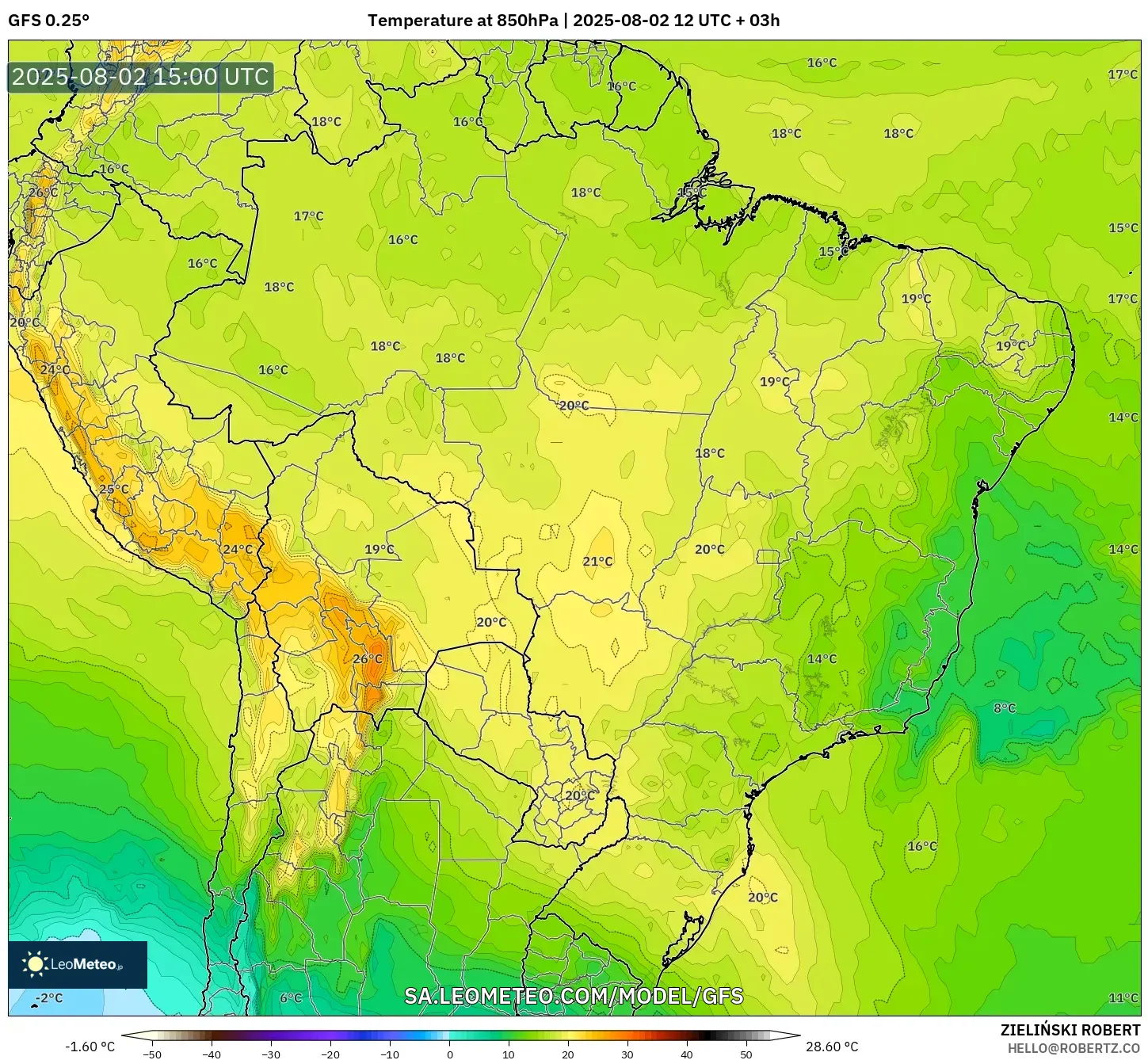 GFS model - Brasil, Suhu 850 hPa
