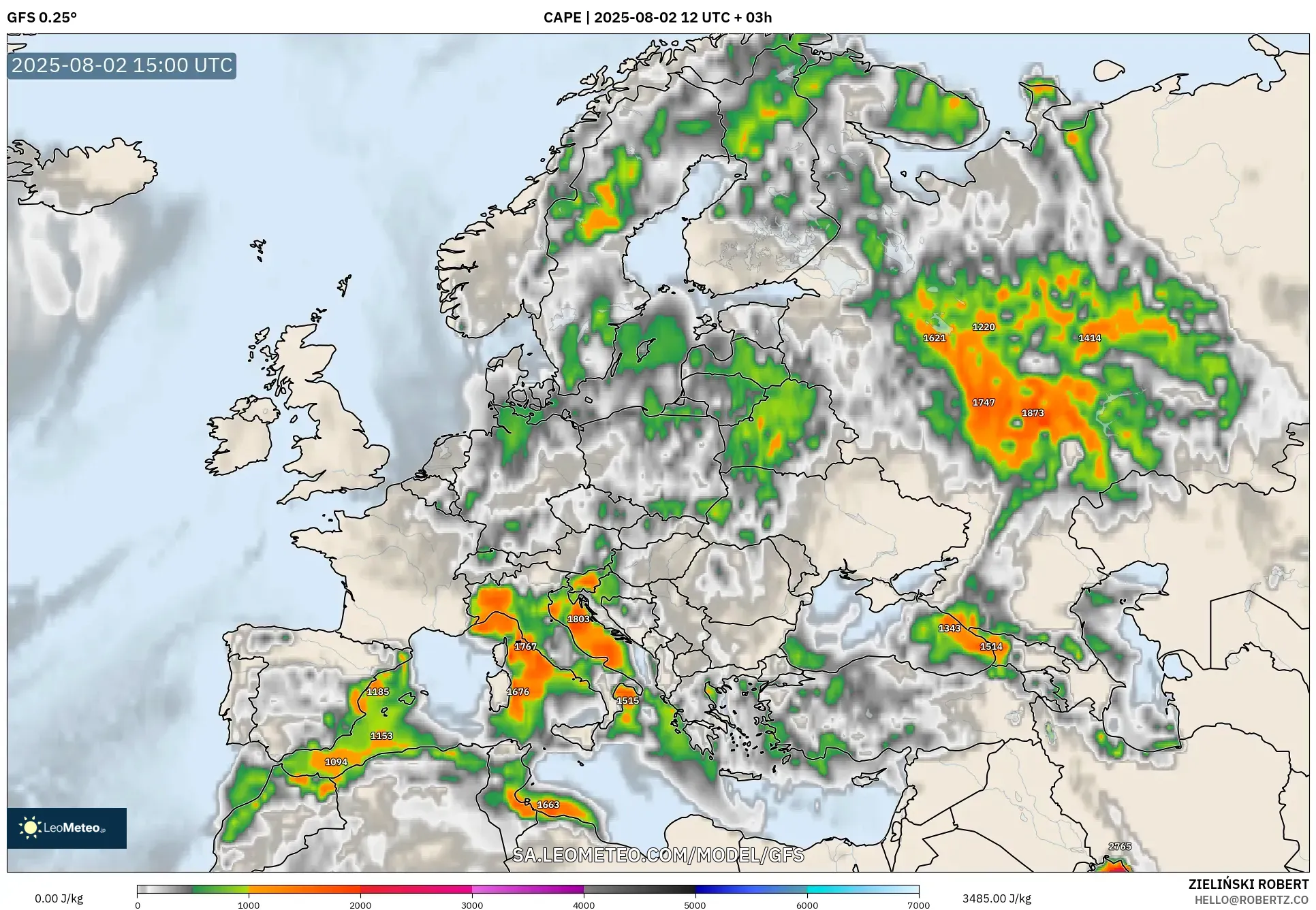 GFS model - Eropa, CAPE