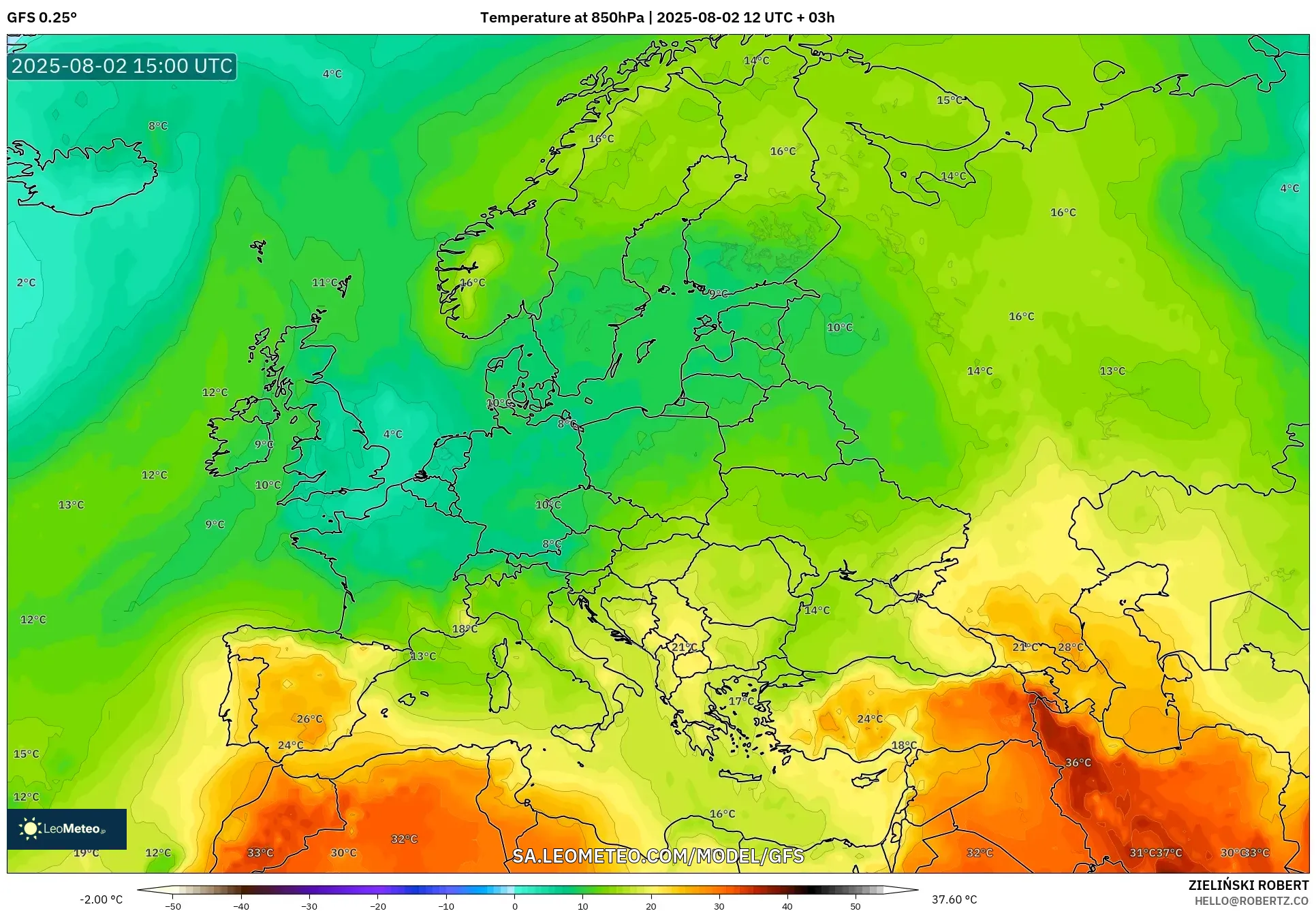 GFS model - Eropa, Suhu 850 hPa