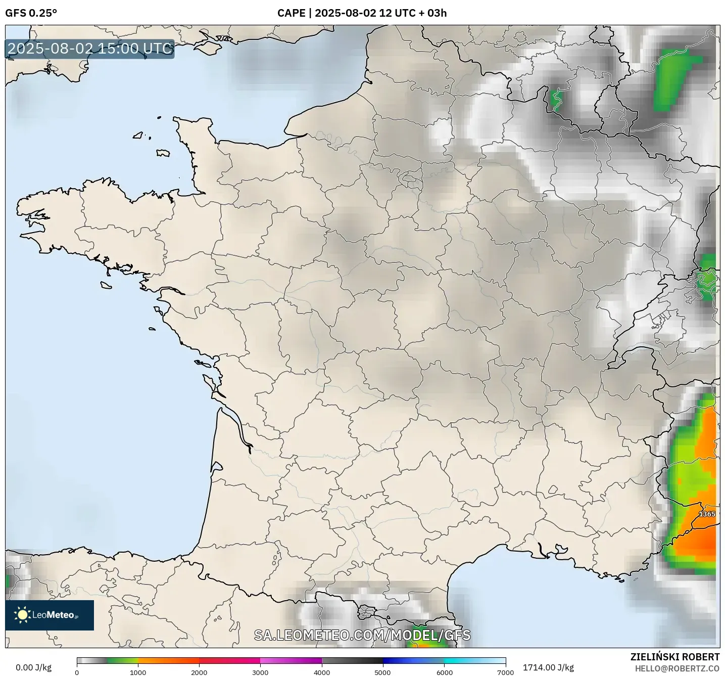 GFS model - Prancis, CAPE GFS model - Prancis, CAPE