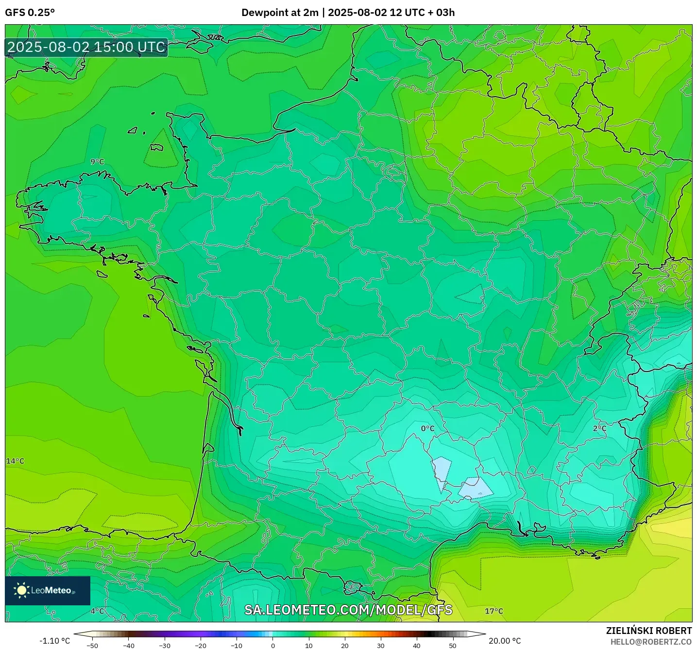 GFS model - Perancis, Takat Embun 2 m GFS model - Perancis, Takat Embun 2 m