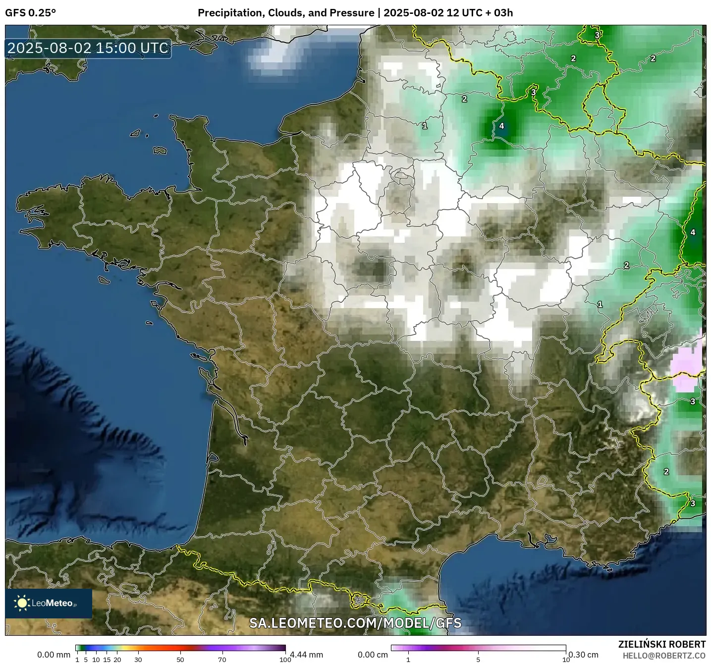 GFS model - Perancis, Hujan, Awan dan Tekanan GFS model - Perancis, Hujan, Awan dan Tekanan