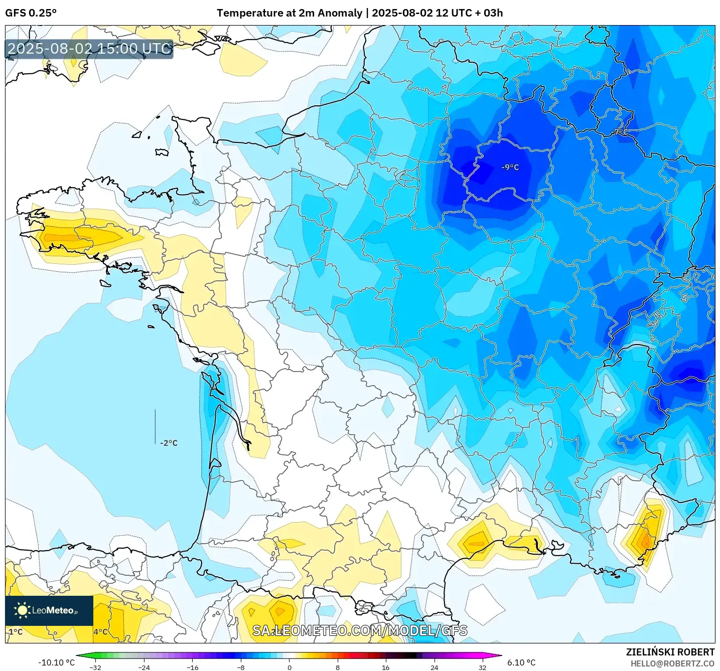 GFS model - Perancis, Anomali Suhu 2 m
