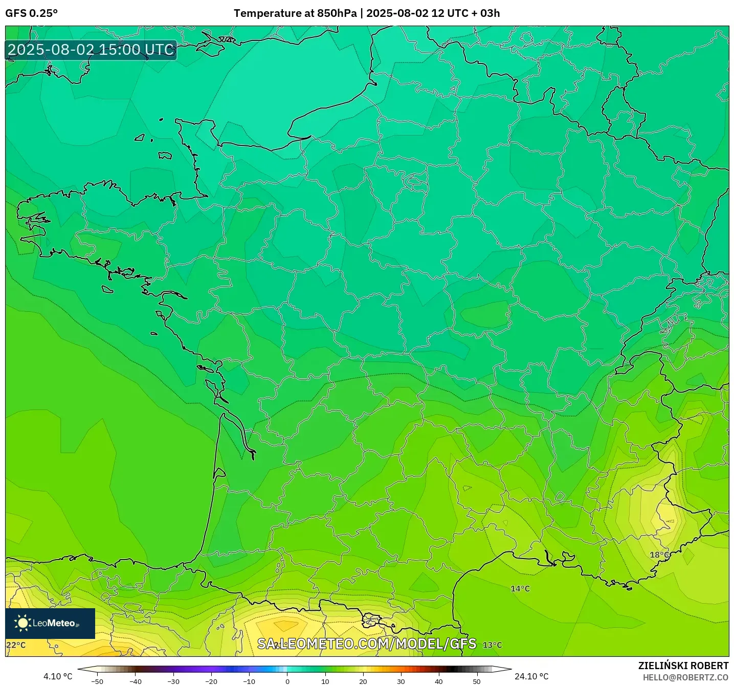 GFS model - Prancis, Suhu 850 hPa GFS model - Prancis, Suhu 850 hPa