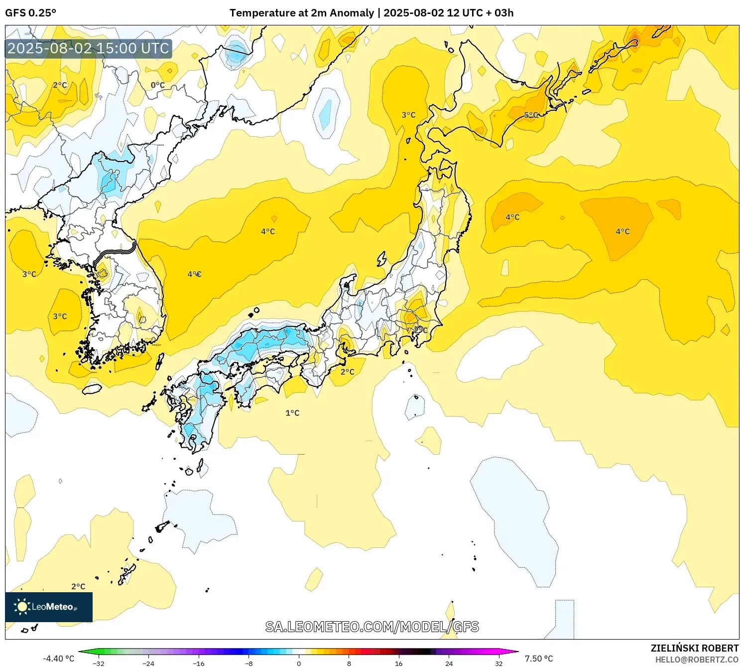 GFS model - Jepun, Anomali Suhu 2 m GFS model - Jepun, Anomali Suhu 2 m