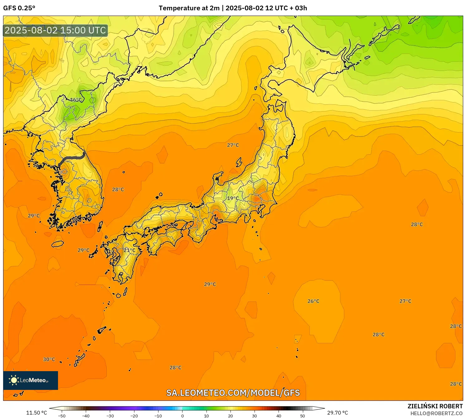 GFS model - Jepun, Suhu pada 2 m GFS model - Jepun, Suhu pada 2 m