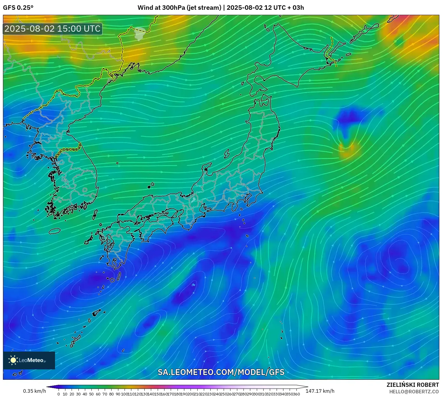 GFS model - Jepun, Angin 300 hPa (aliran jet) GFS model - Jepun, Angin 300 hPa (aliran jet)