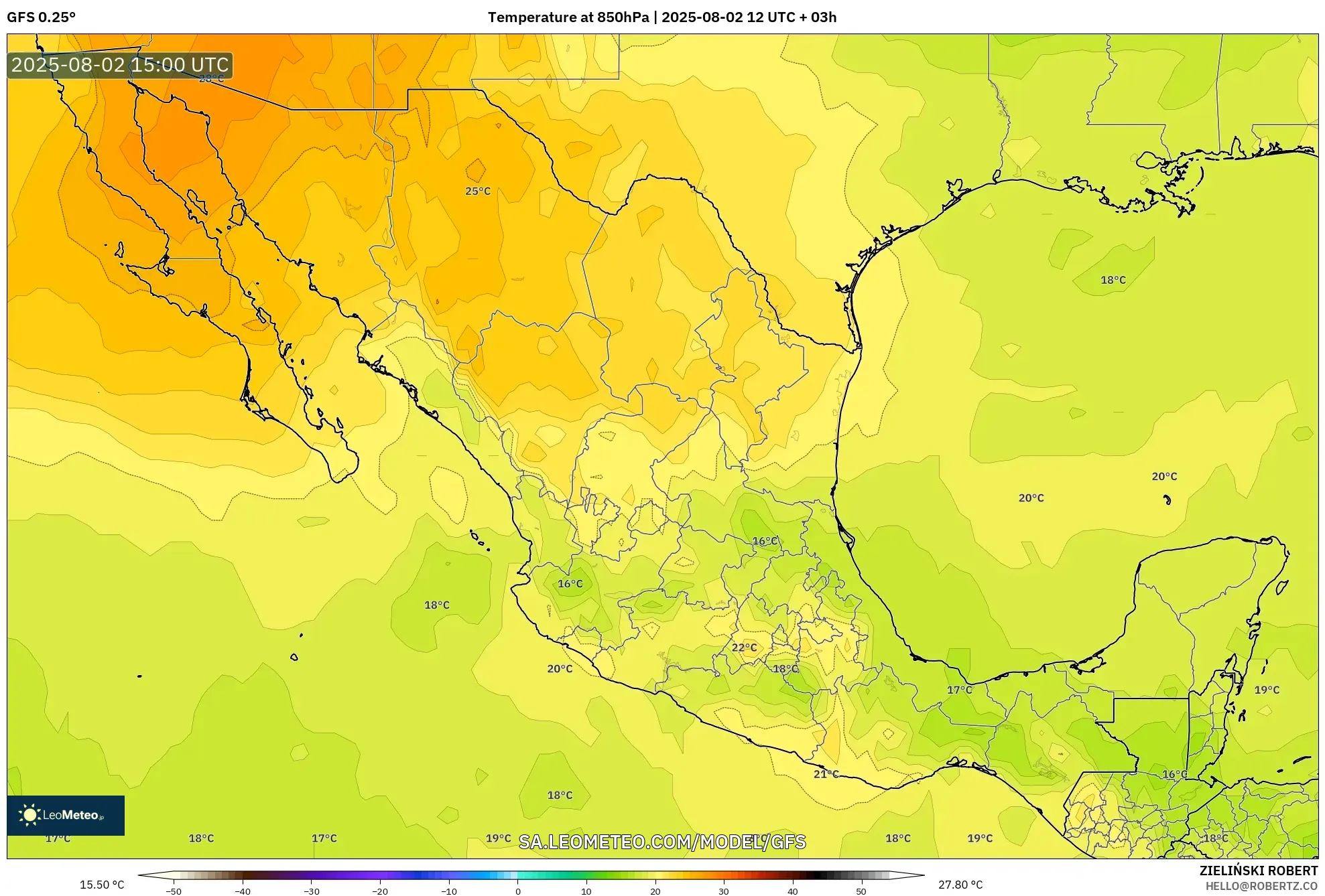 GFS model - Meksiko, Suhu 850 hPa