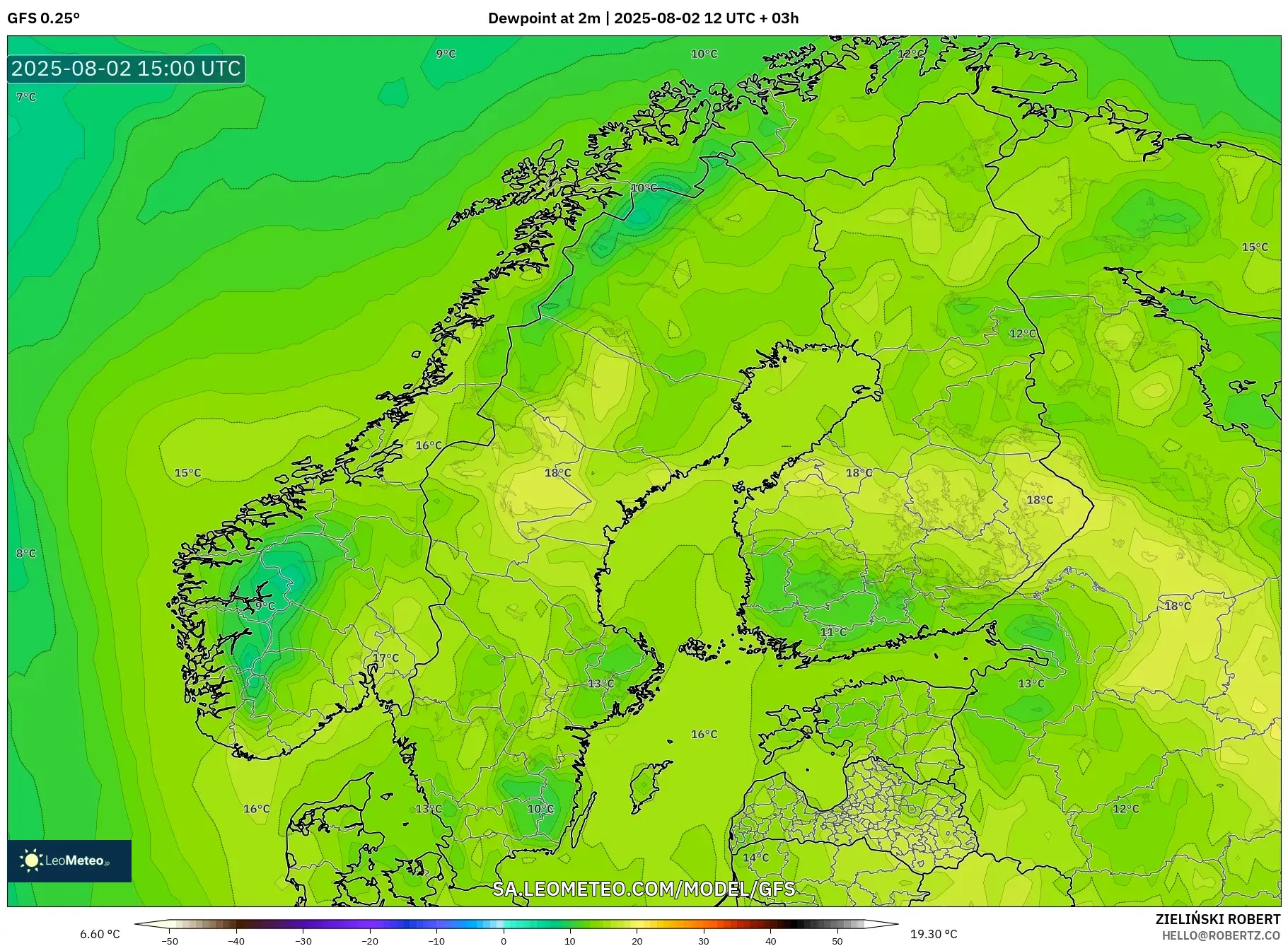 GFS model - Skandinavia, Takat Embun 2 m GFS model - Skandinavia, Takat Embun 2 m