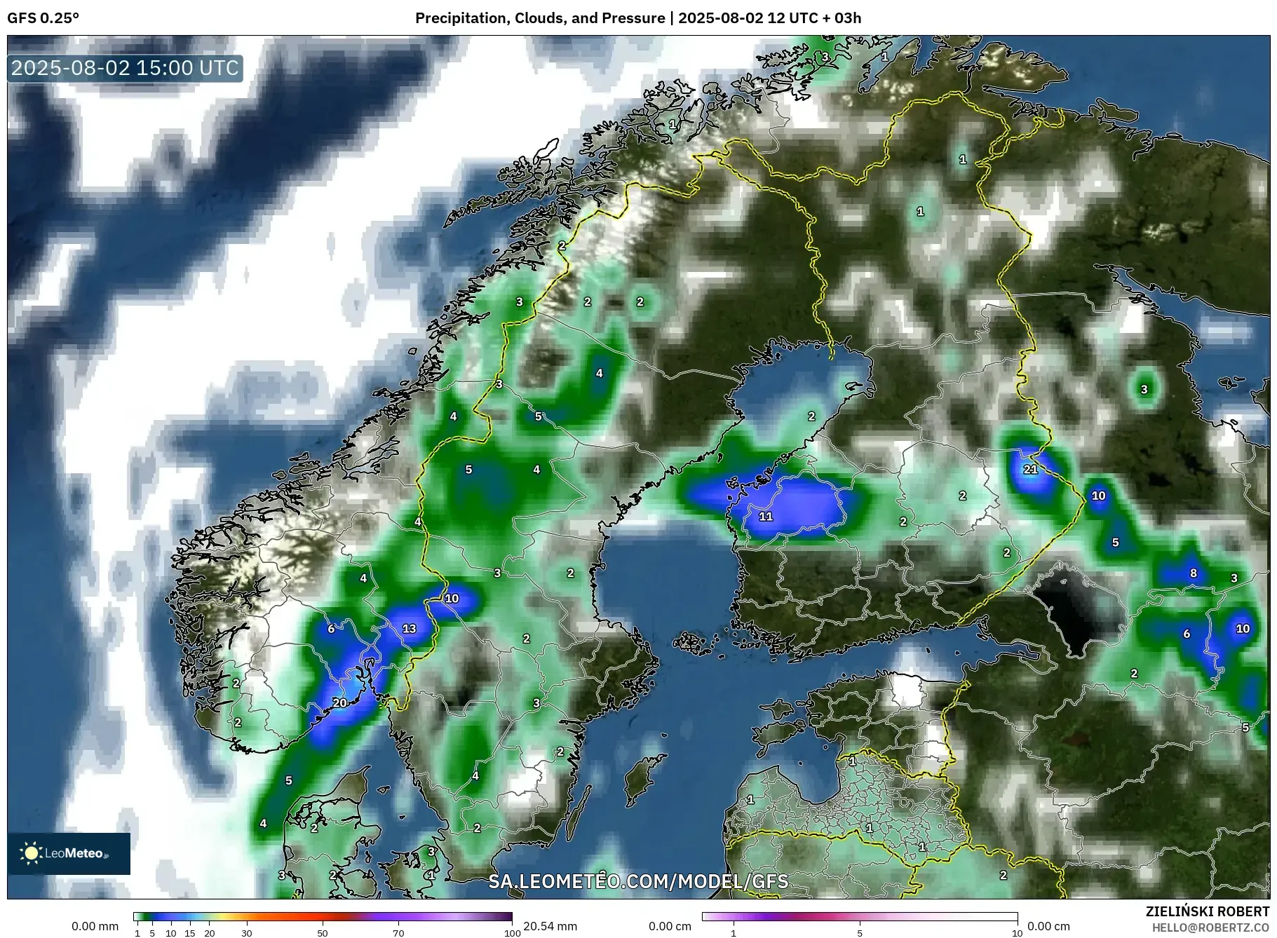 GFS model - Skandinavia, Hujan, Awan dan Tekanan GFS model - Skandinavia, Hujan, Awan dan Tekanan