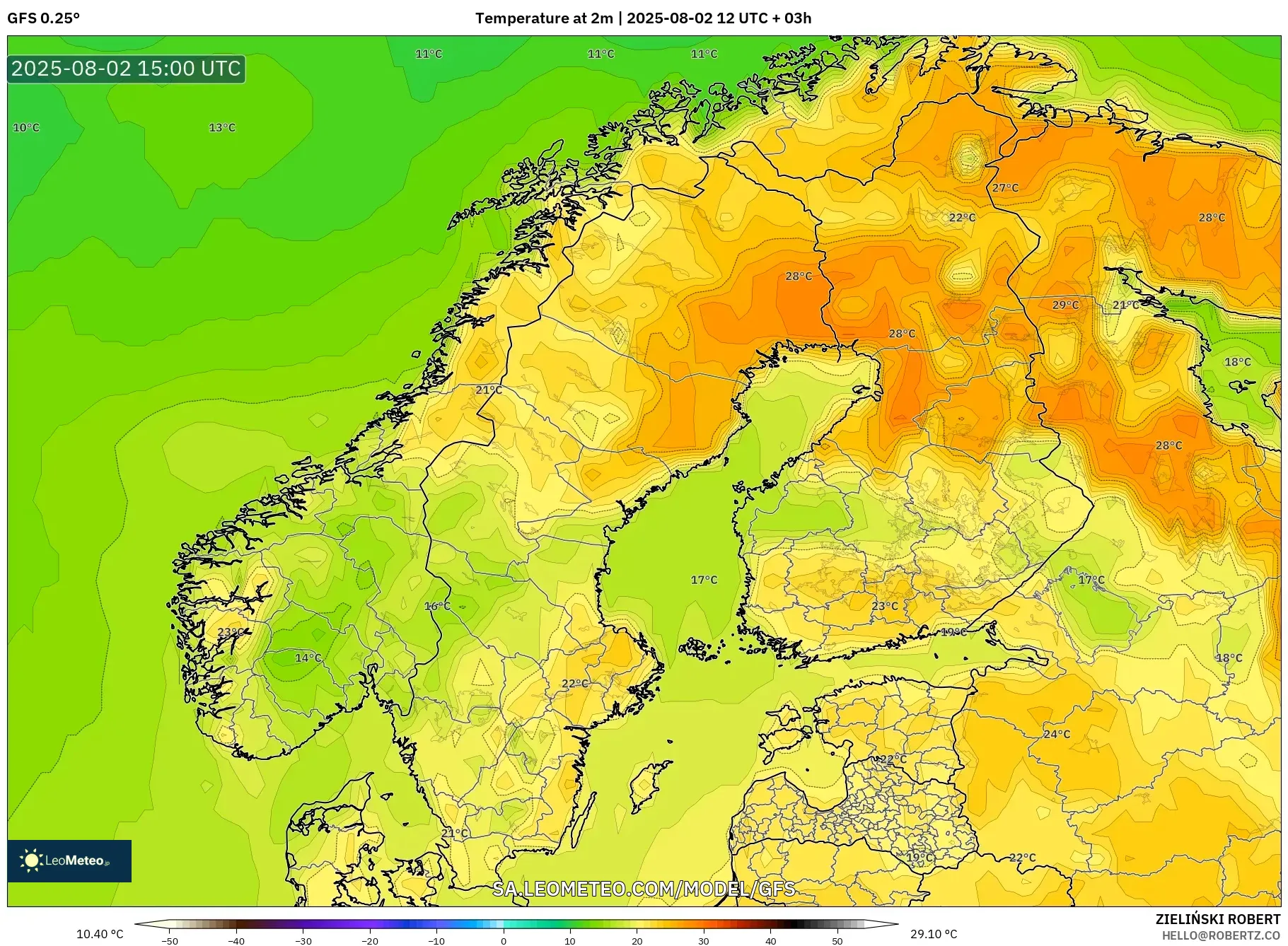 GFS model - Skandinavia, Suhu pada 2 m GFS model - Skandinavia, Suhu pada 2 m