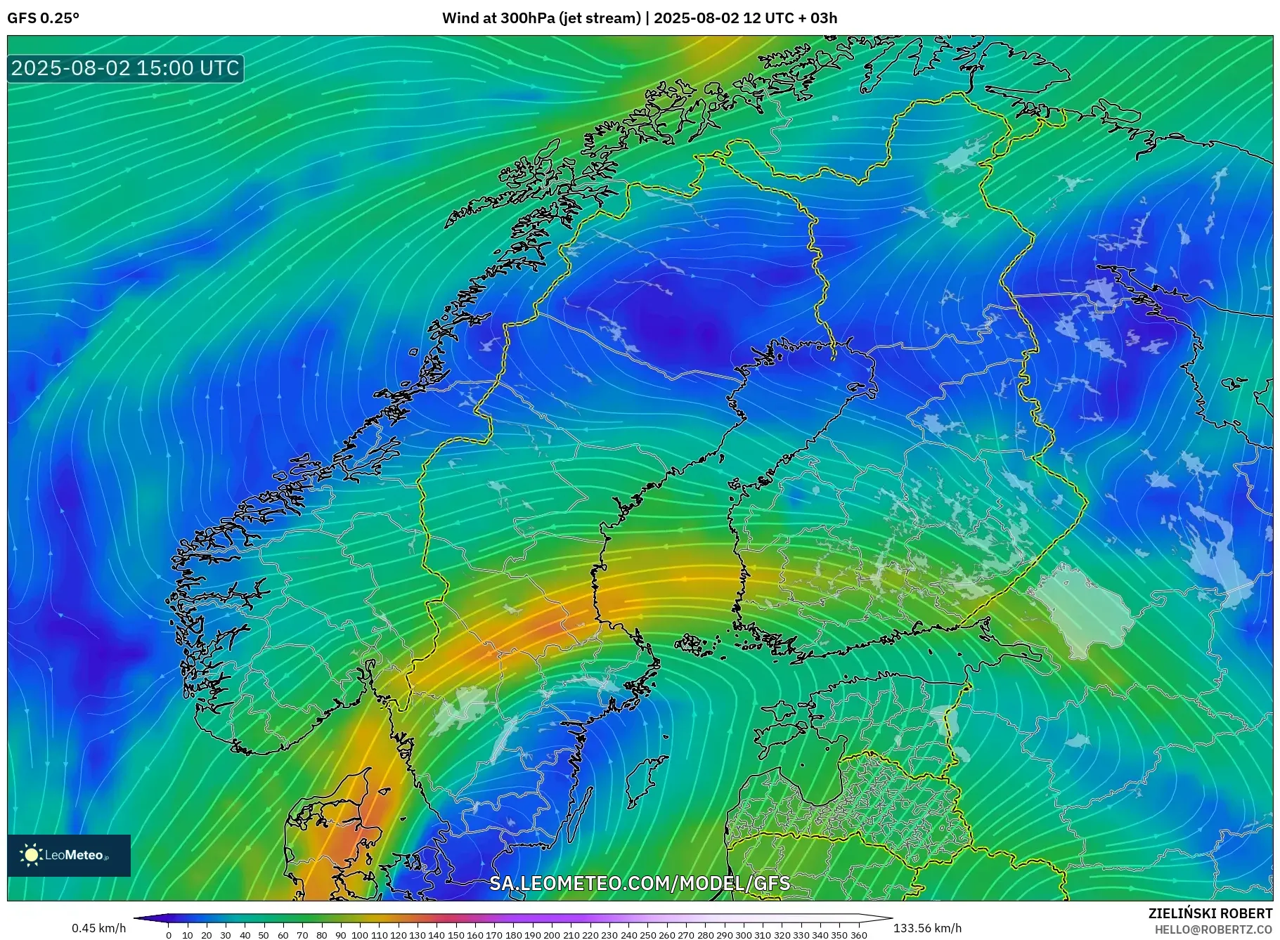 GFS model - Skandinavia, Angin 300 hPa (aliran jet)