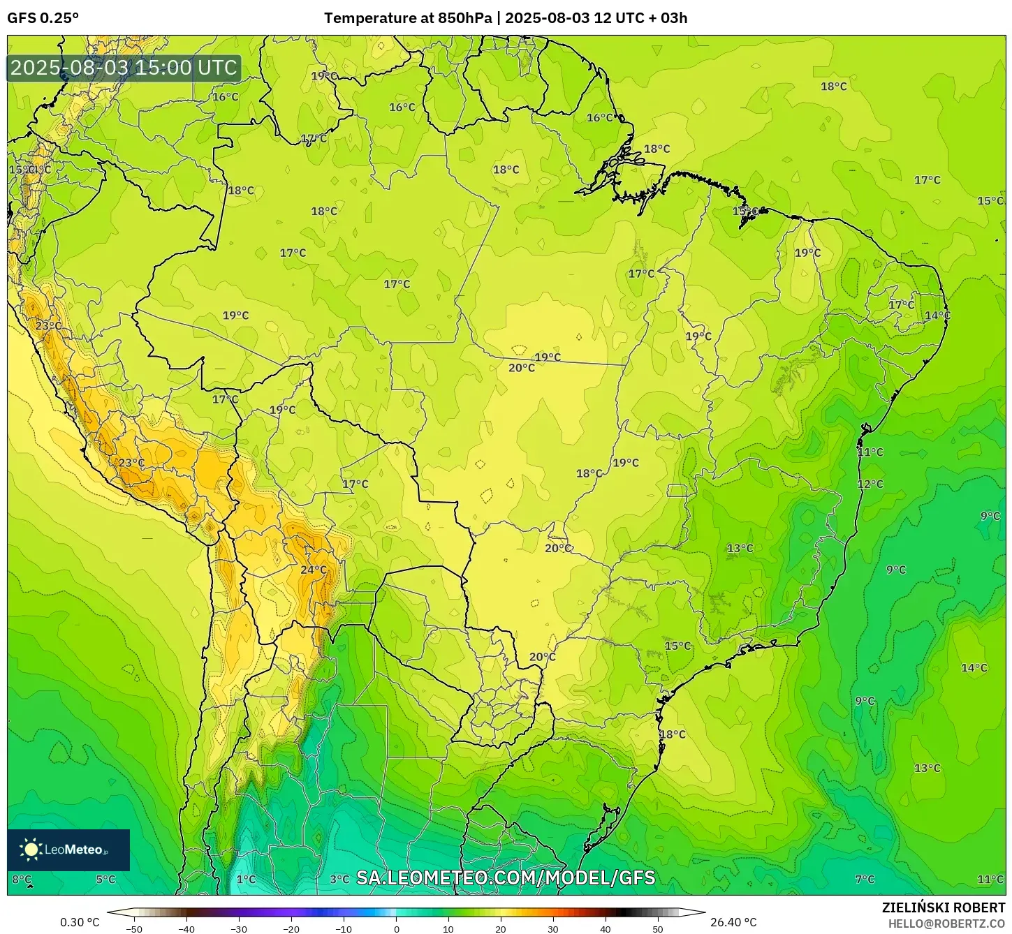 GFS model - Brazil, Temperature at 850hPa