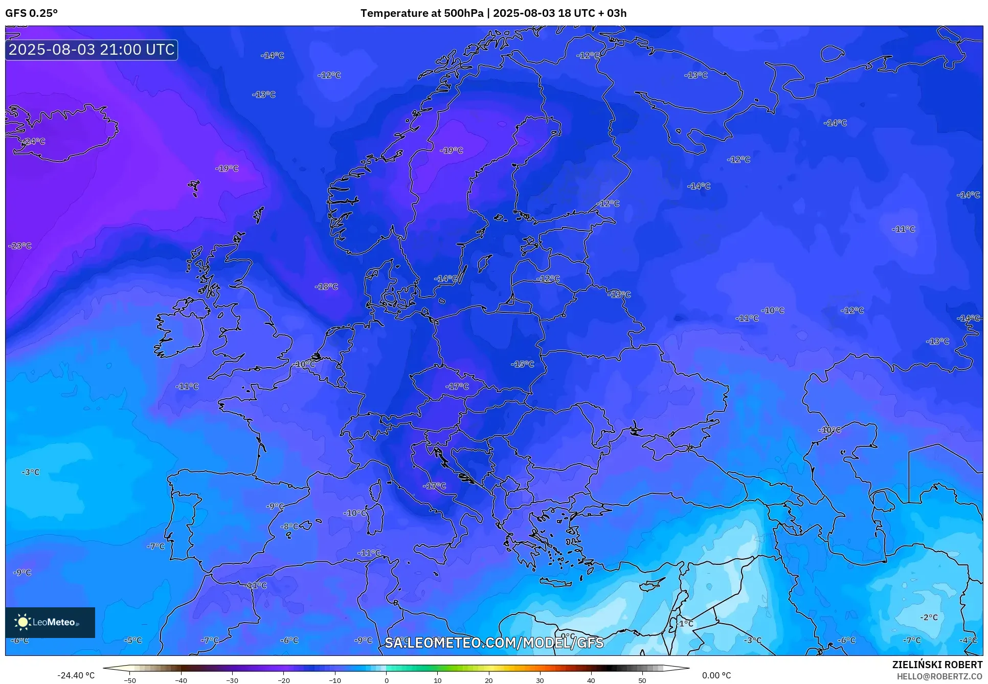 GFS model - Europe, Temperature at 500hPa