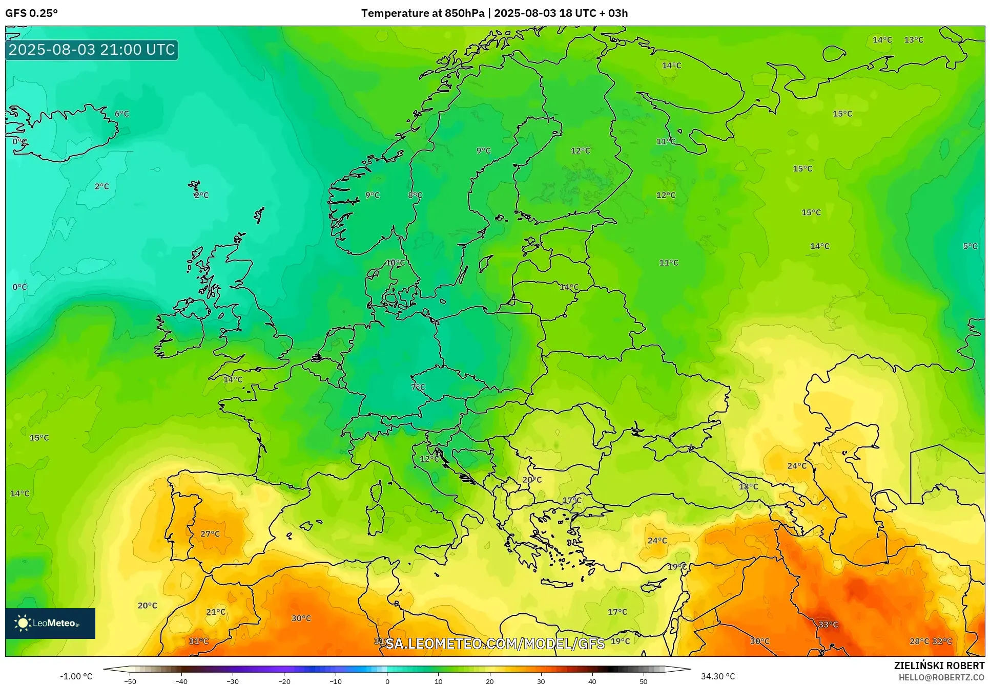 GFS model - Europe, Temperature at 850hPa GFS model - Europe, Temperature at 850hPa