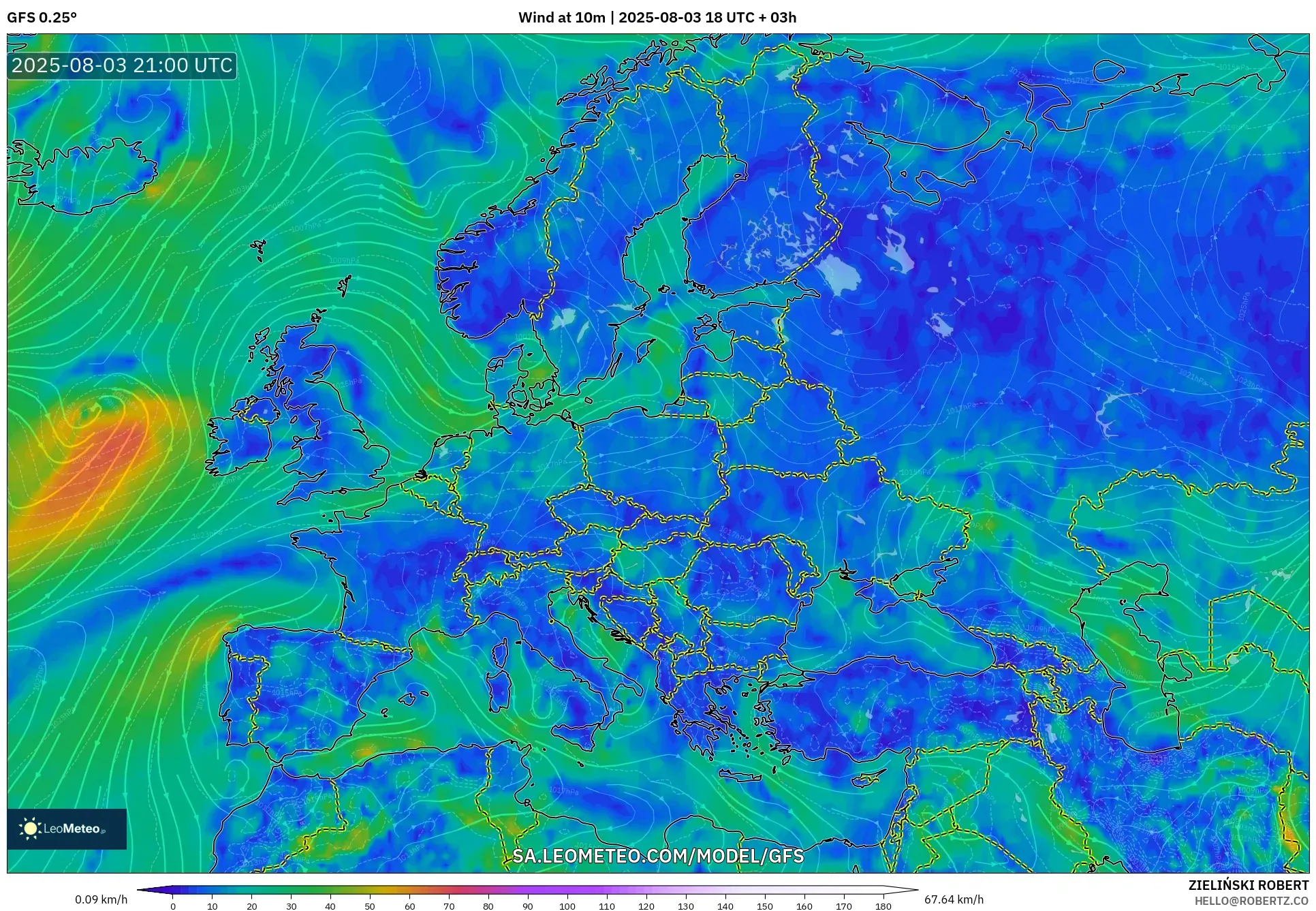 GFS model - Europe, Wind at 10m GFS model - Europe, Wind at 10m