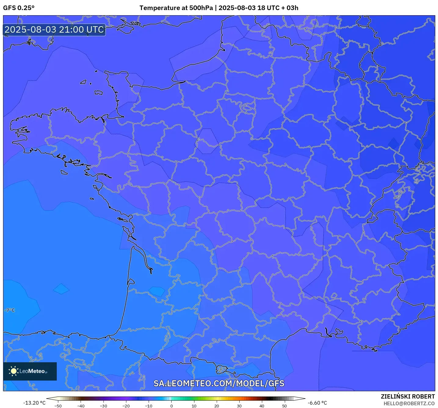 GFS model - France, Temperature at 500hPa