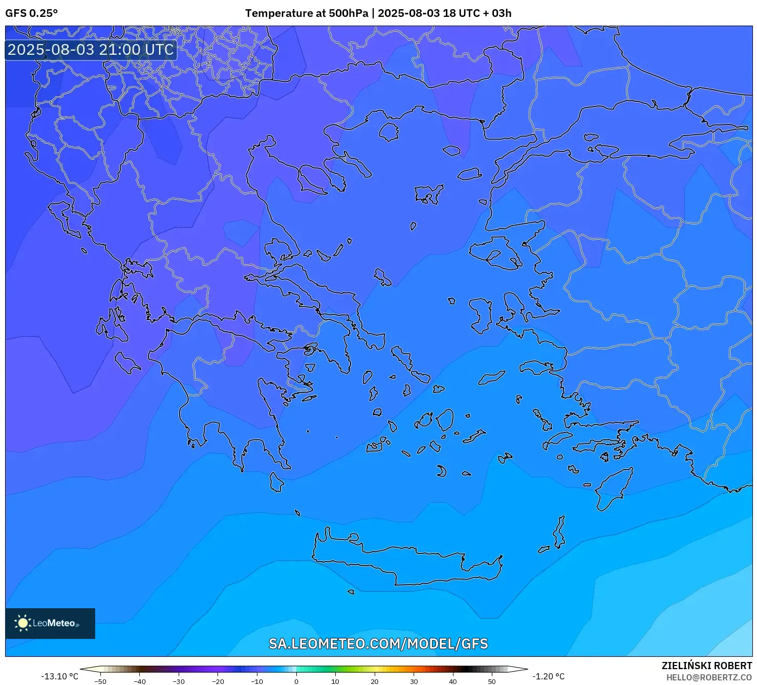 GFS model - Greece, Temperature at 500hPa GFS model - Greece, Temperature at 500hPa