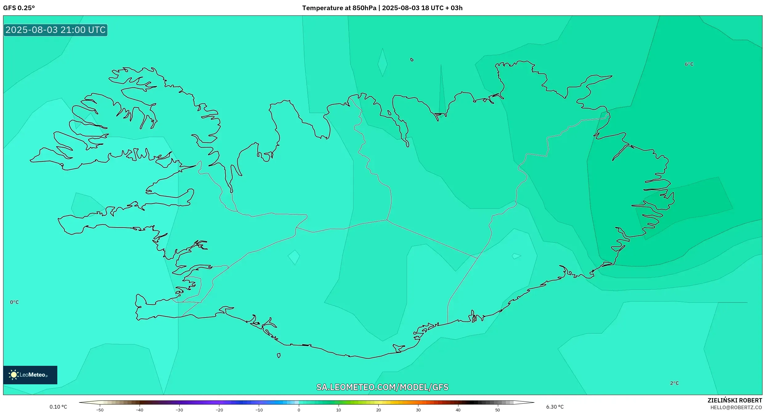 GFS model - Iceland, Temperature at 850hPa