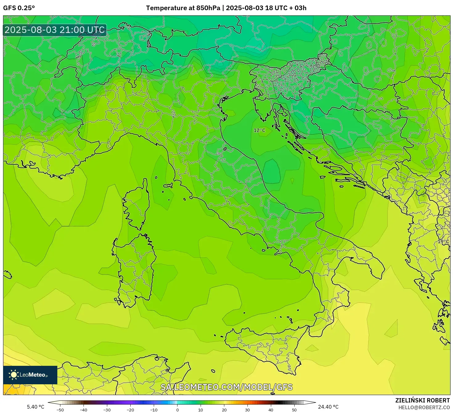 GFS model - Italy, Temperature at 850hPa GFS model - Italy, Temperature at 850hPa