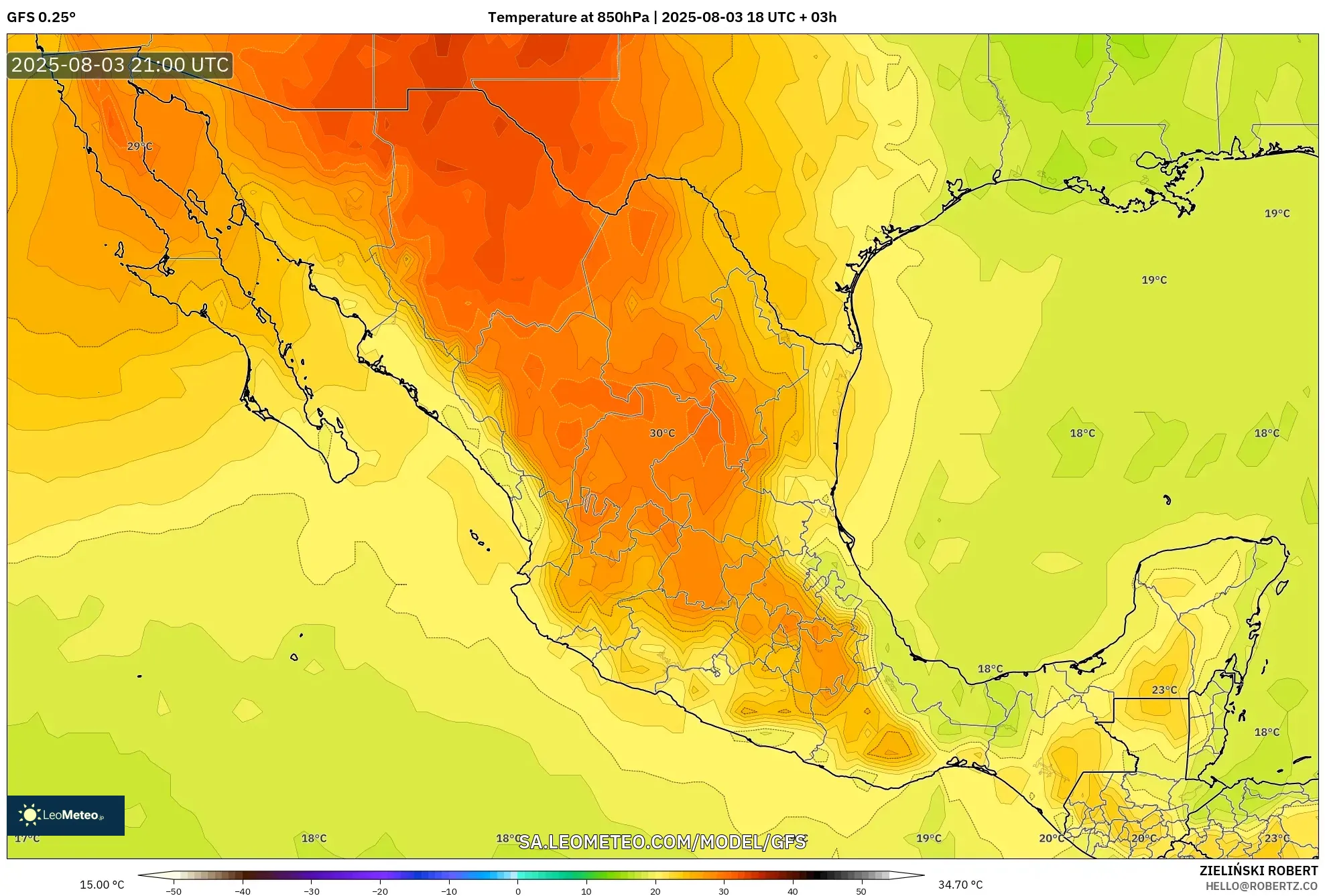 GFS model - Mexico, Temperature at 850hPa GFS model - Mexico, Temperature at 850hPa