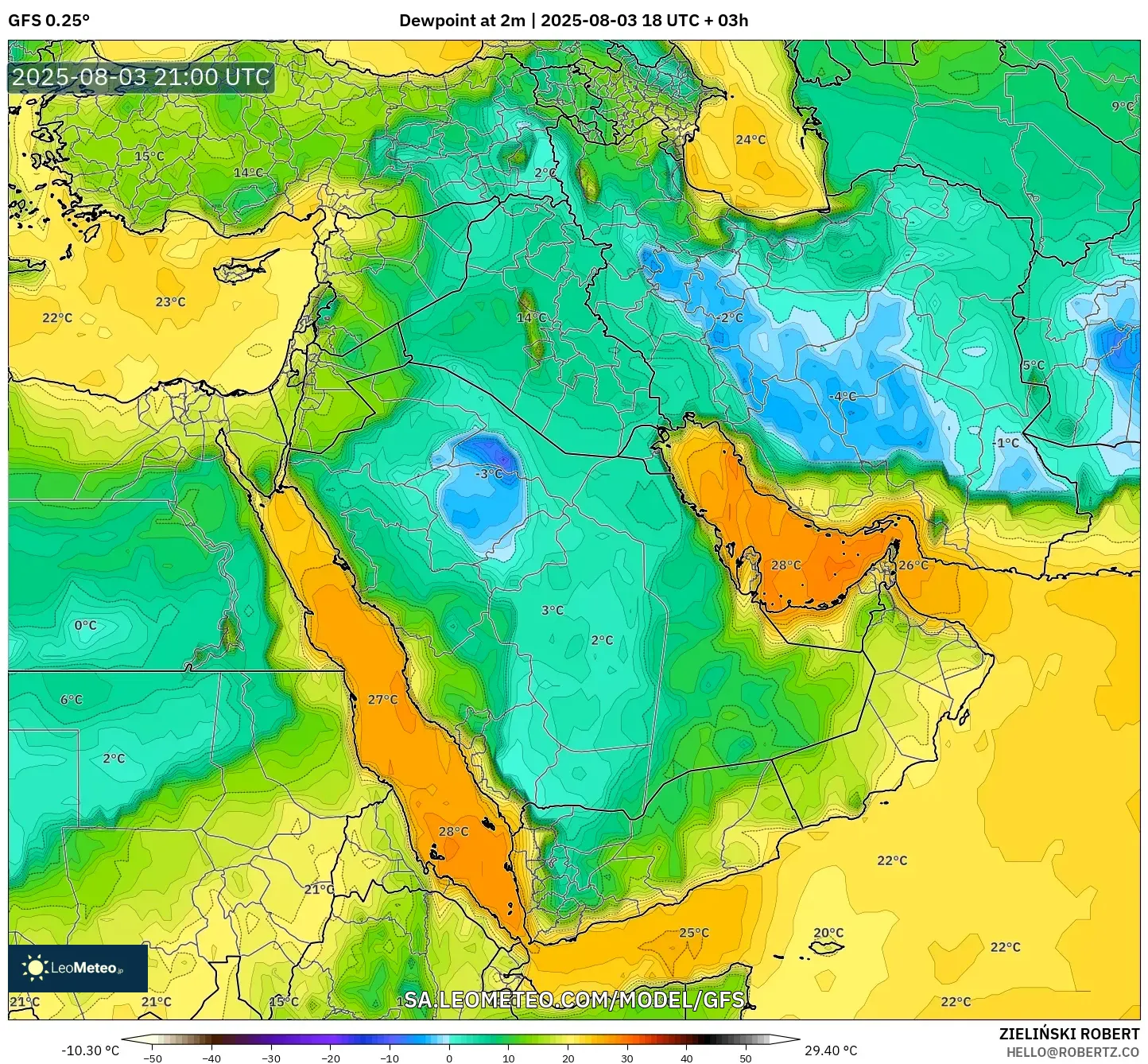 GFS model - Middle East, Dewpoint at 2m GFS model - Middle East, Dewpoint at 2m