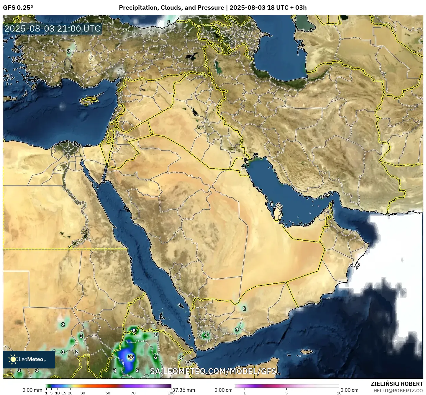 GFS model - Middle East, Precipitation, Clouds, and Pressure