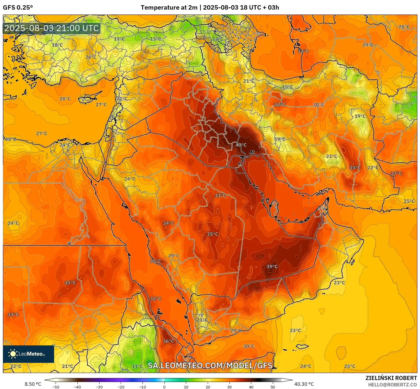 GFS model - Middle East, Temperature at 2m