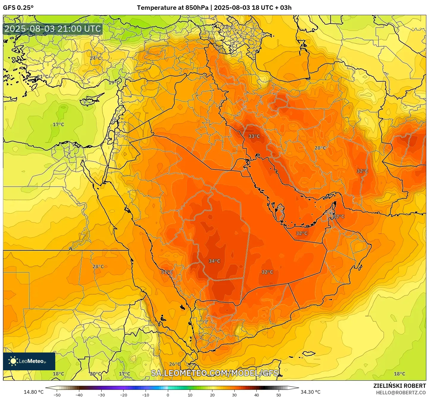 GFS model - Middle East, Temperature at 850hPa