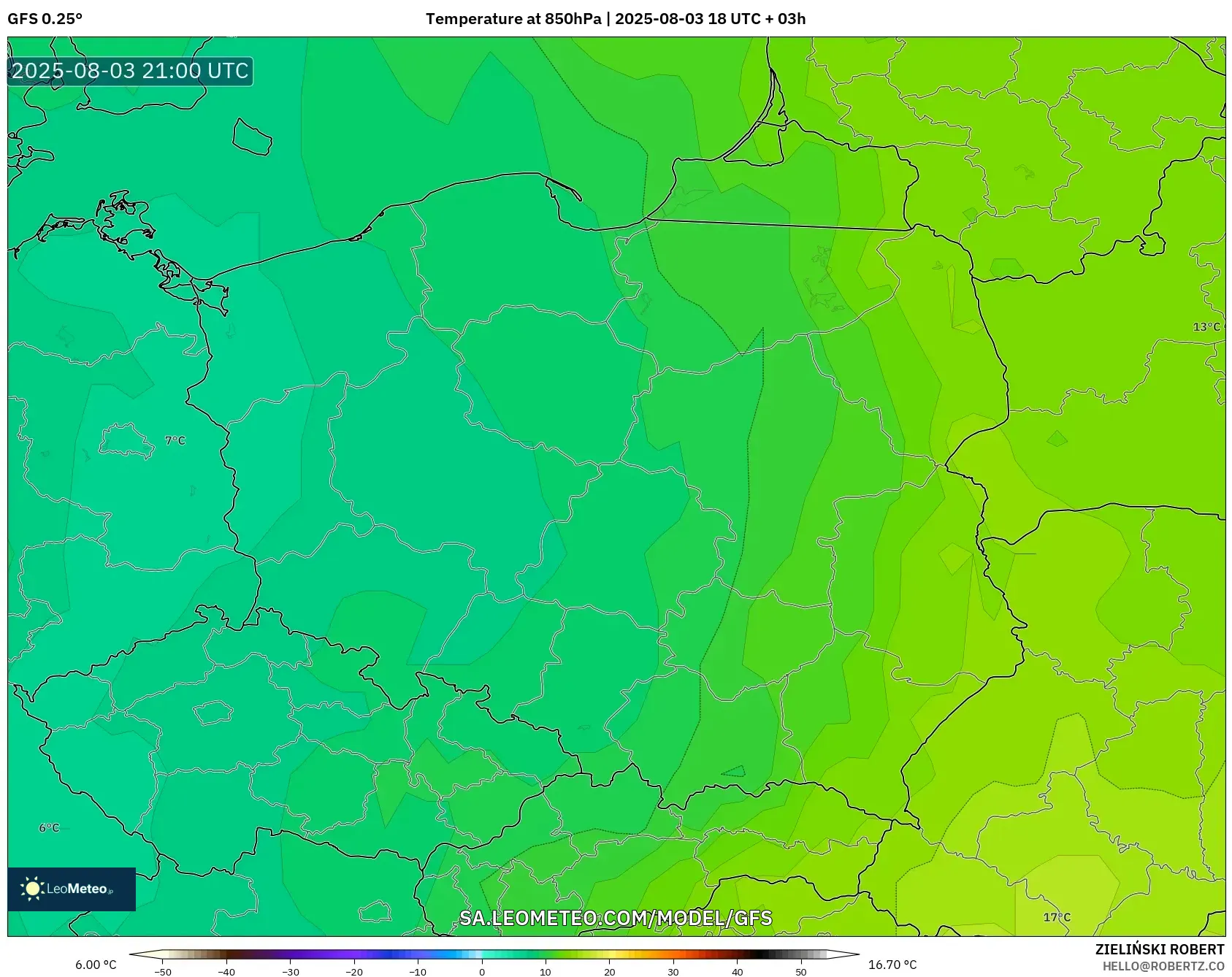 GFS model - Poland, Temperature at 850hPa GFS model - Poland, Temperature at 850hPa