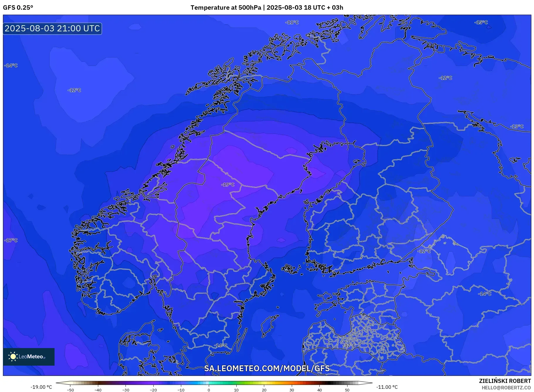 GFS model - Scandinavia, Temperature at 500hPa GFS model - Scandinavia, Temperature at 500hPa