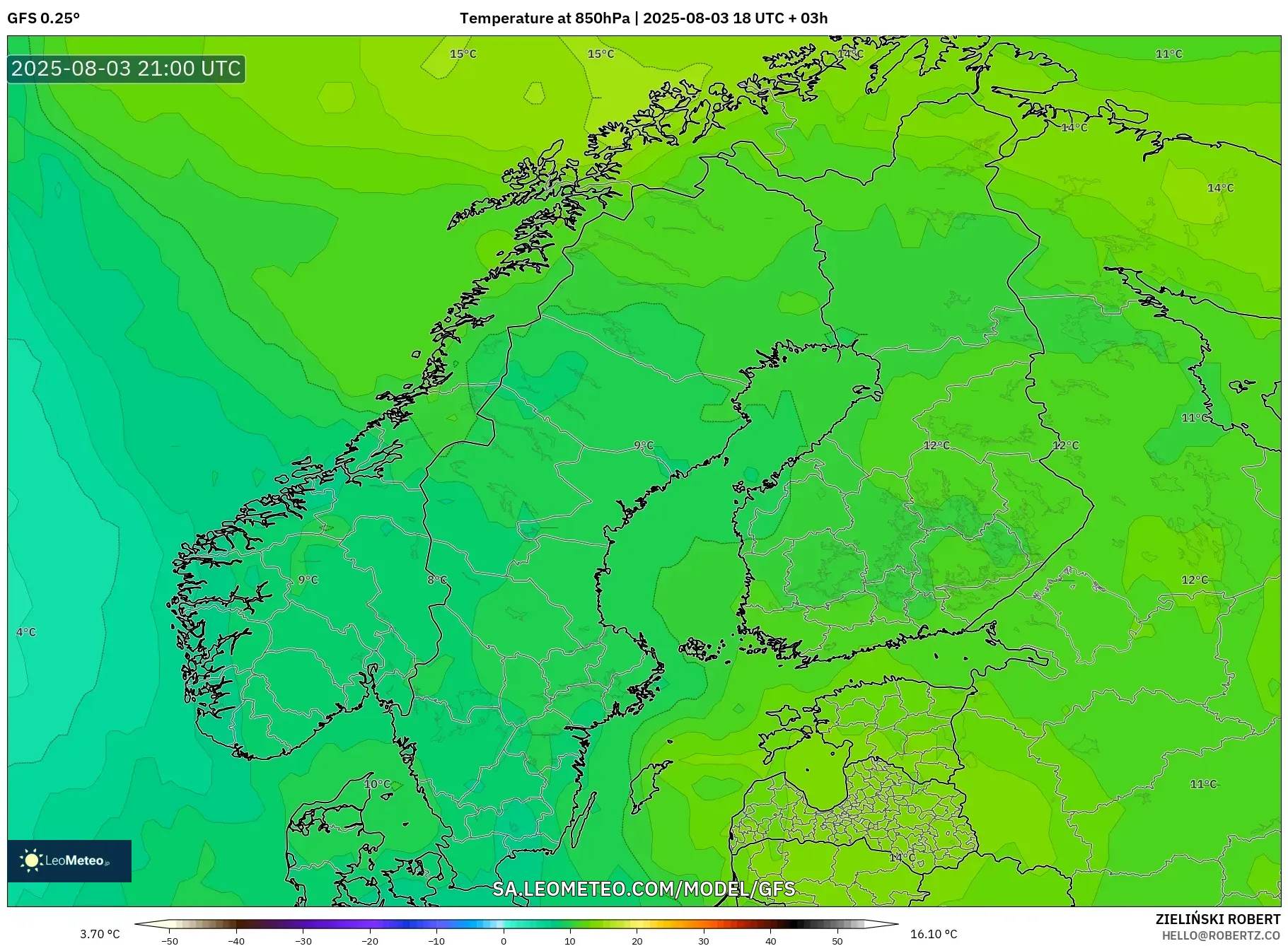 GFS model - Scandinavia, Temperature at 850hPa GFS model - Scandinavia, Temperature at 850hPa