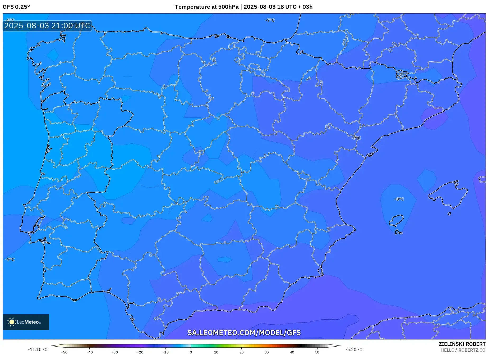 GFS model - Spain, Temperature at 500hPa