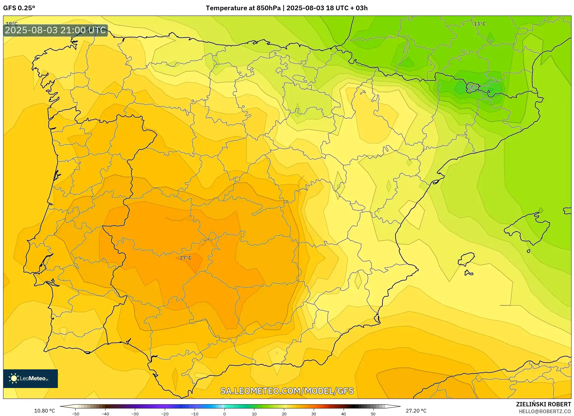 GFS model - Spain, Temperature at 850hPa GFS model - Spain, Temperature at 850hPa