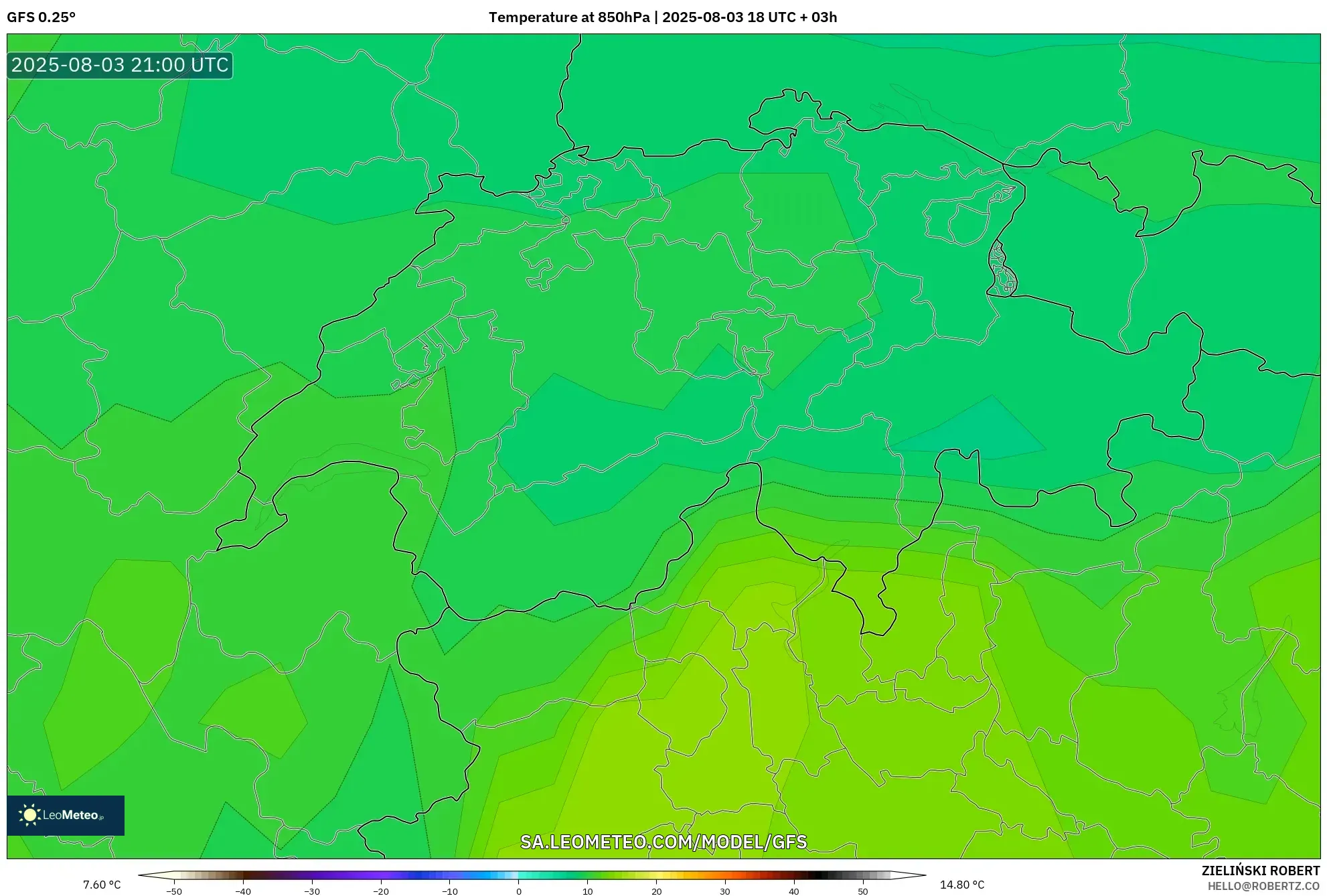 GFS model - Switzerland, Temperature at 850hPa