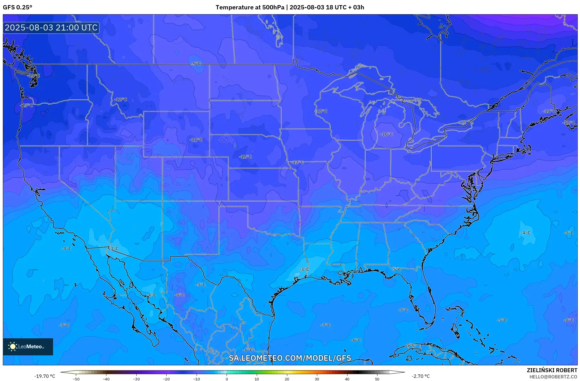 GFS model - United States, Temperature at 500hPa GFS model - United States, Temperature at 500hPa