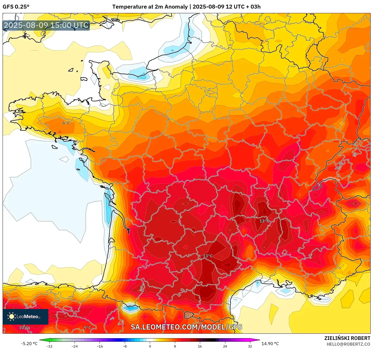 GFS model - France, Temperature at 2m Anomaly GFS model - France, Temperature at 2m Anomaly