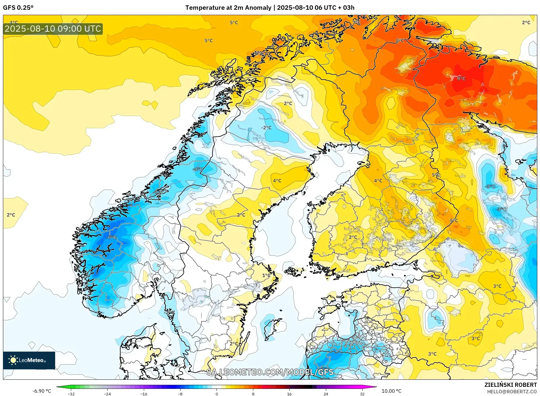 GFS model - Scandinavia, Temperature at 2m Anomaly GFS model - Scandinavia, Temperature at 2m Anomaly
