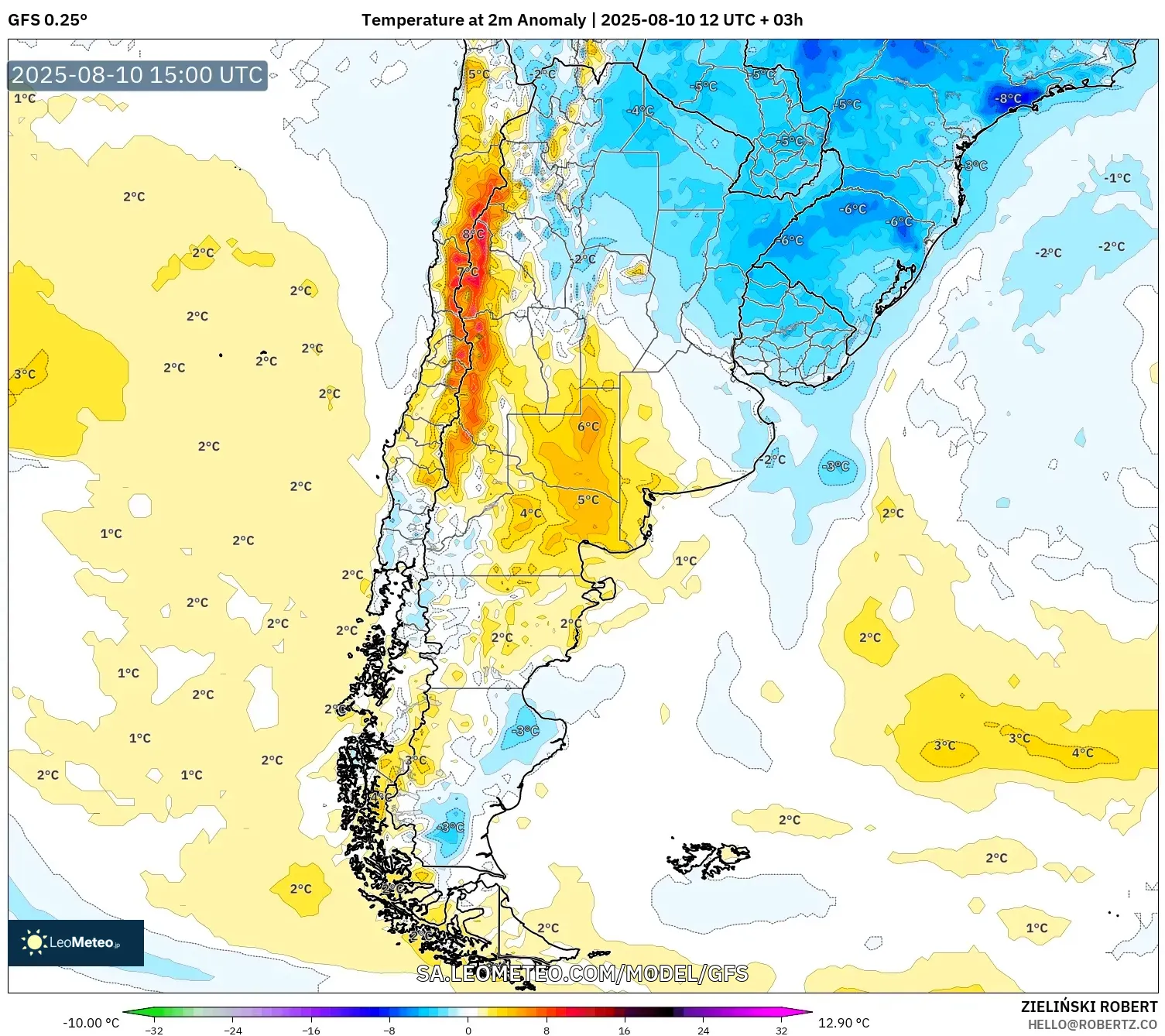 GFS model - Argentina, Temperature at 2m Anomaly GFS model - Argentina, Temperature at 2m Anomaly